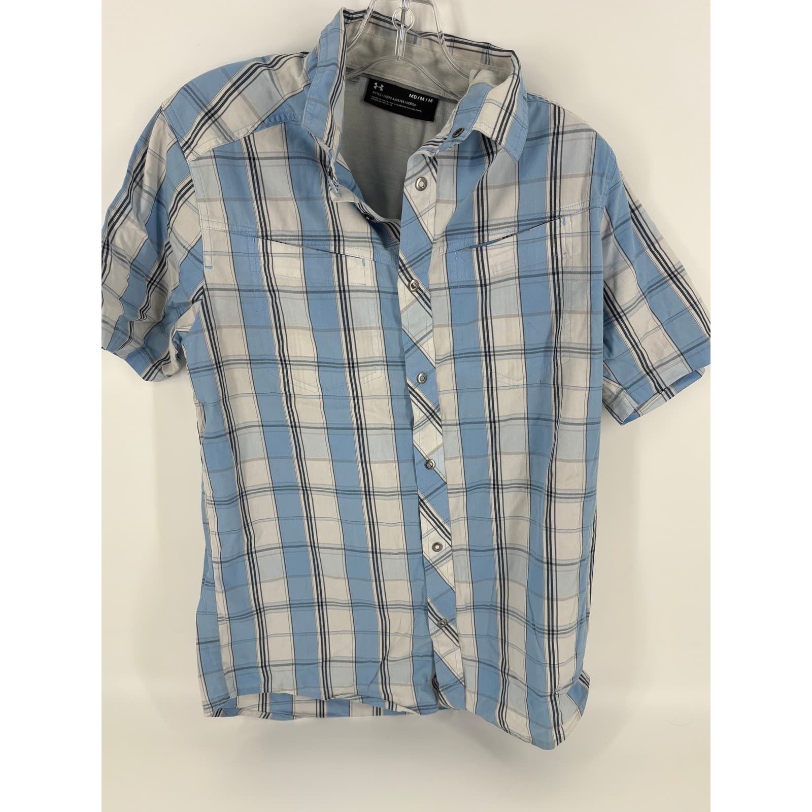 Under Armour Mens Medium Blue Plaid Button Down Short Sleeve Fitted Shirt