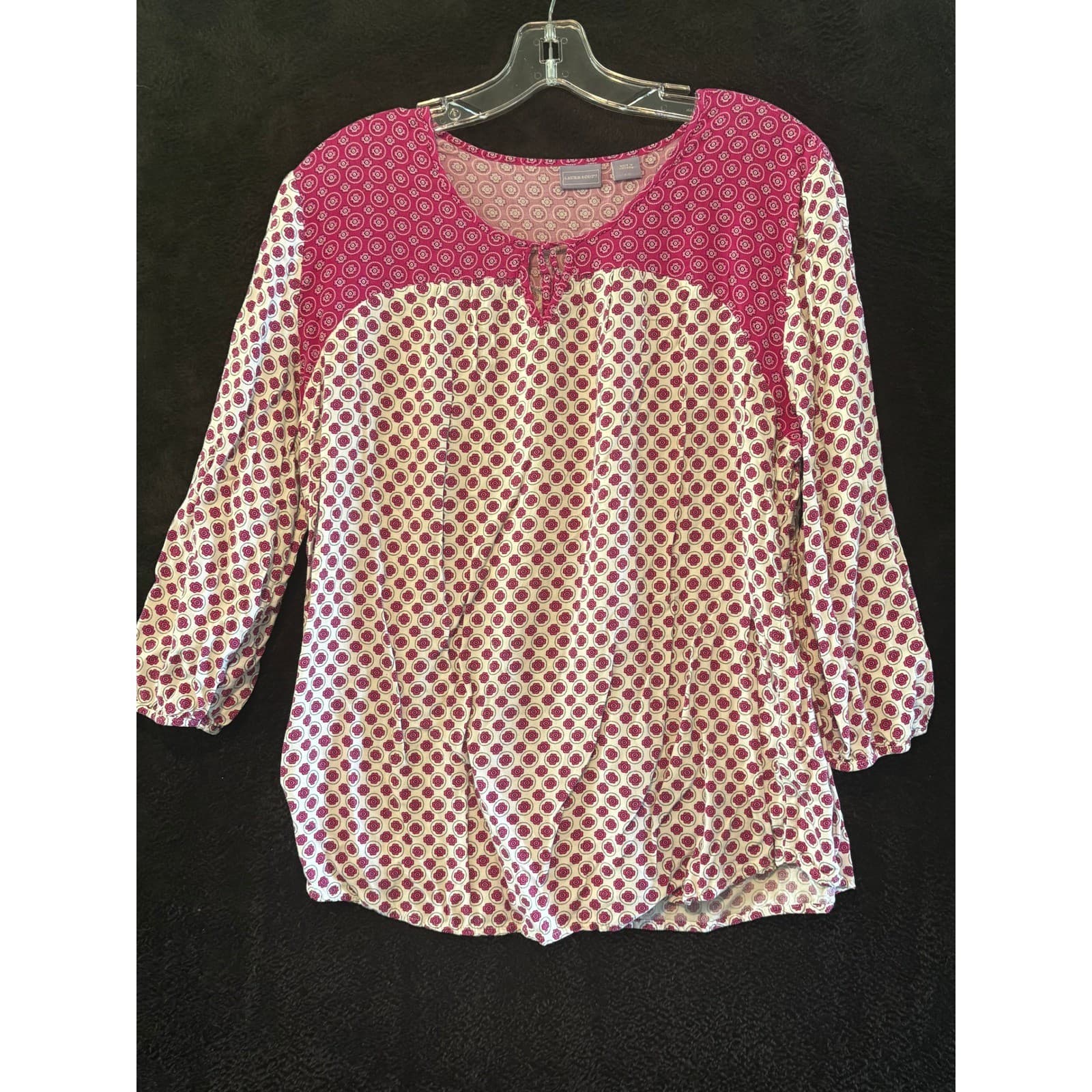 Laura Scott Womens Top L Large Pink White Floral Print 3/4 Sleeve Blouse
