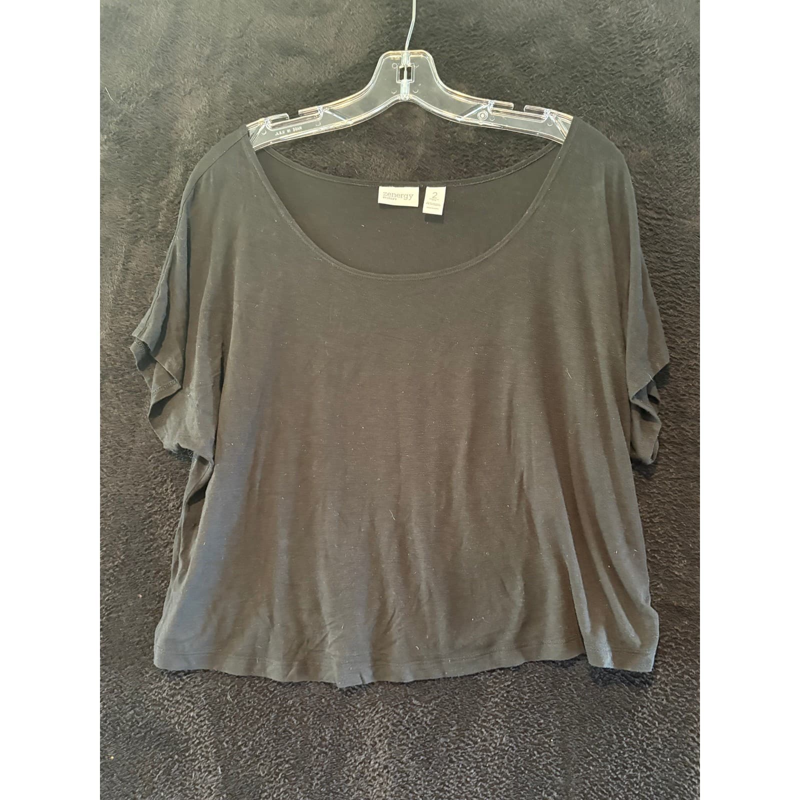 Zenergy Chico's Black T-Shirt Top Women's Size 2 Relaxed Fit Dolman Short Sleeve