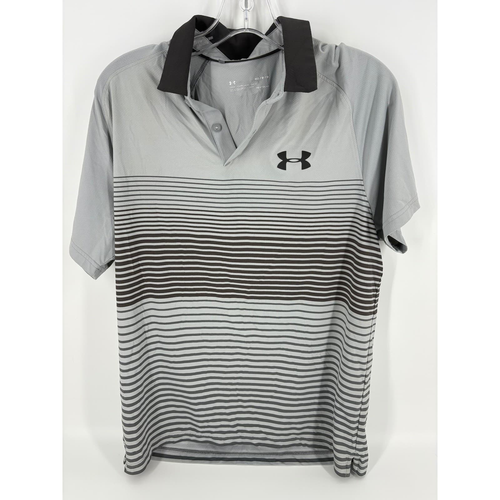 Under Armour Mens Striped Golf Polo Shirt HeatGear Gray Black Medium