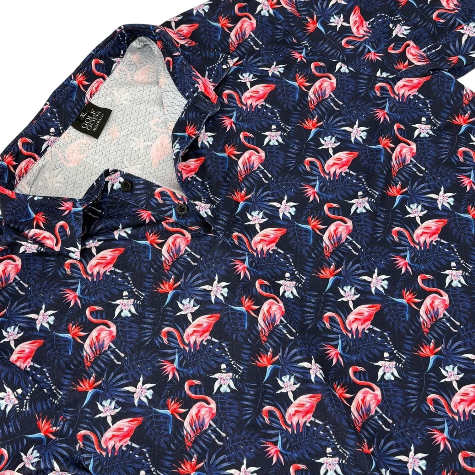 Golf Gods Australia Flamingo Floral Golf Polo Shirt XL Navy Pink Mens