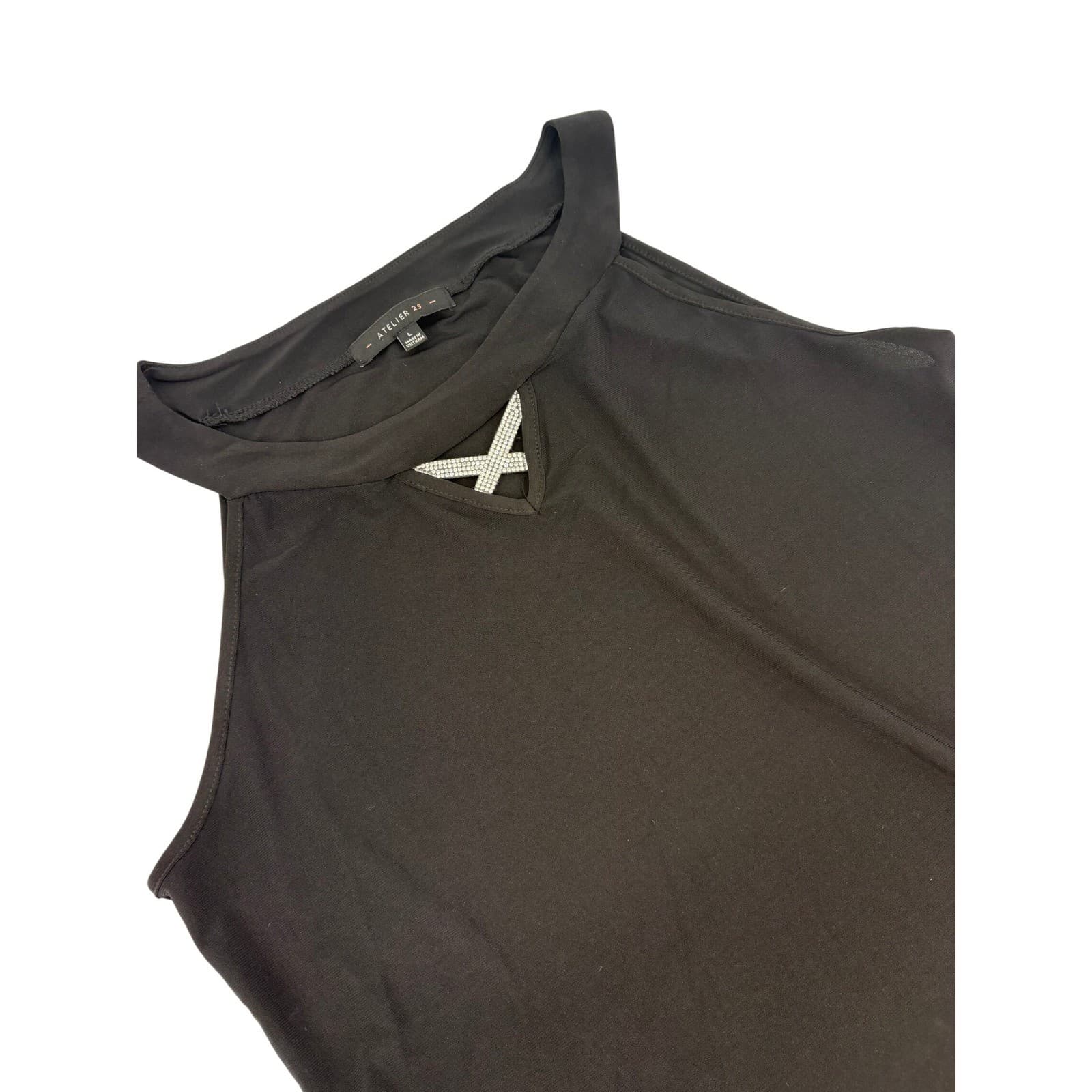 Atelier 29 Black Sleeveless Cutout Neck Rhinestone Tank Top Women's Large