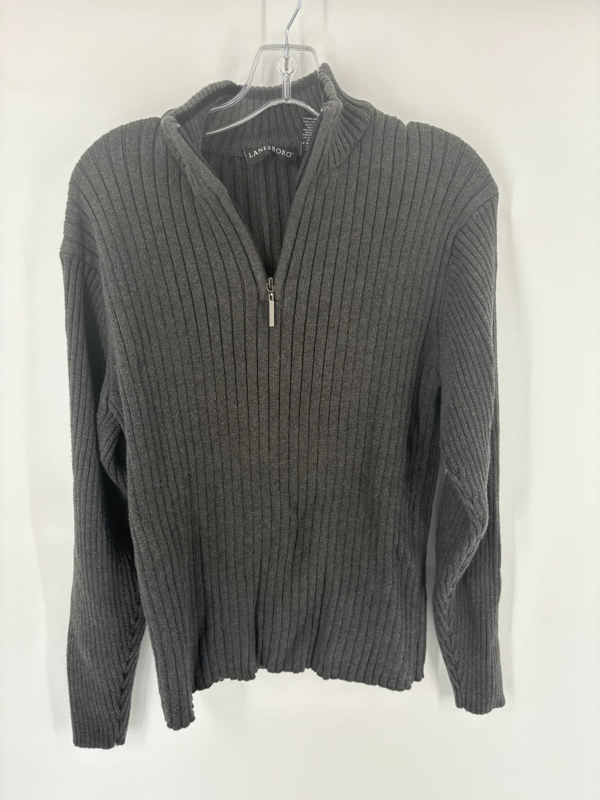 Lanesboro Men’s Half Zip Ribbed Sweater Gray 100% Cotton Size M