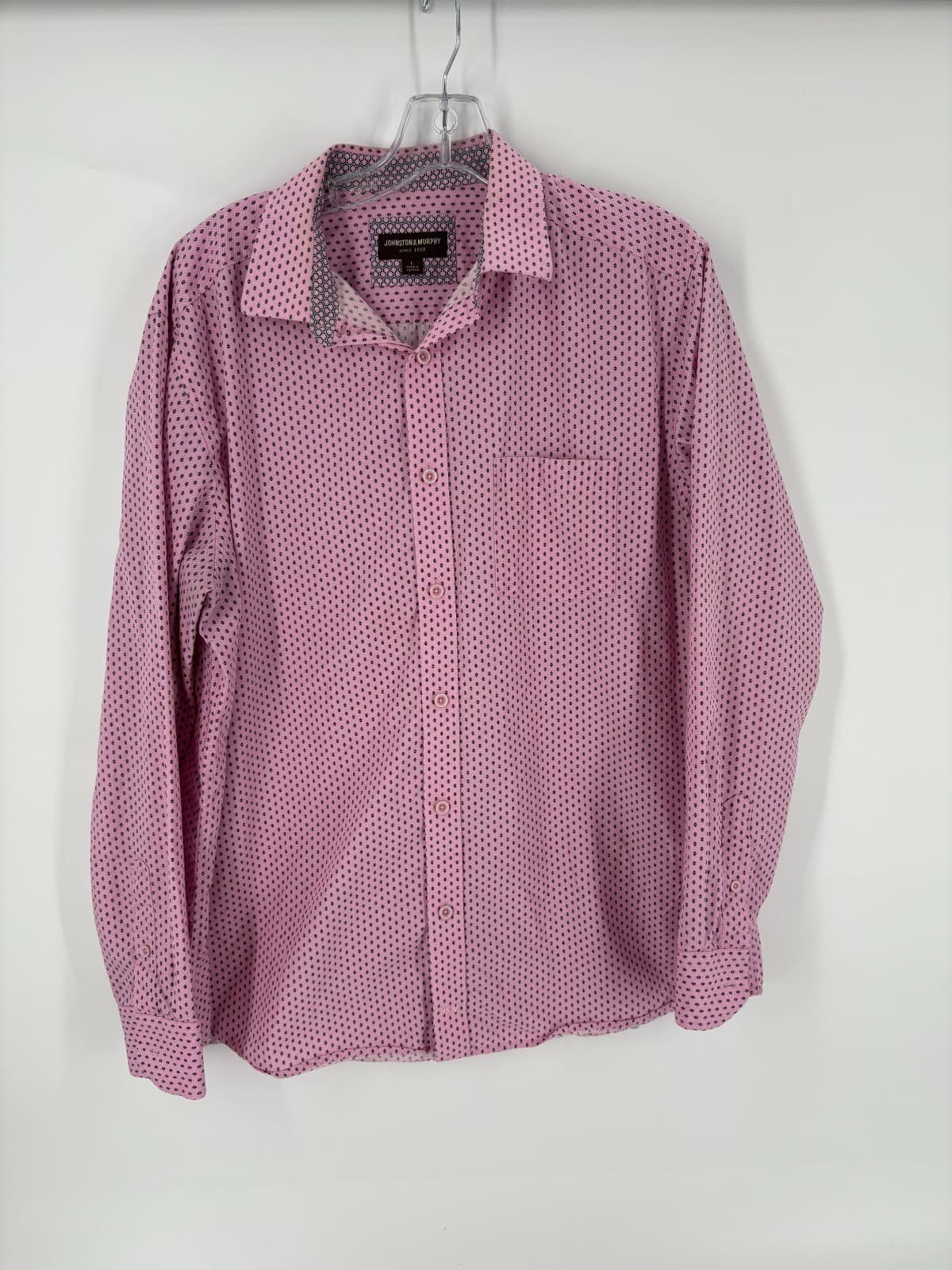 Johnston & Murphy Button Front Shirt Pink Geometric Pattern Size L Casual