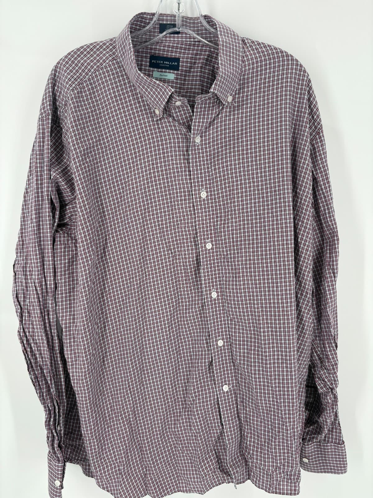 Peter Millar Flex Finish Button Down Shirt 2XL Red Blue Plaid 100% Cotton
