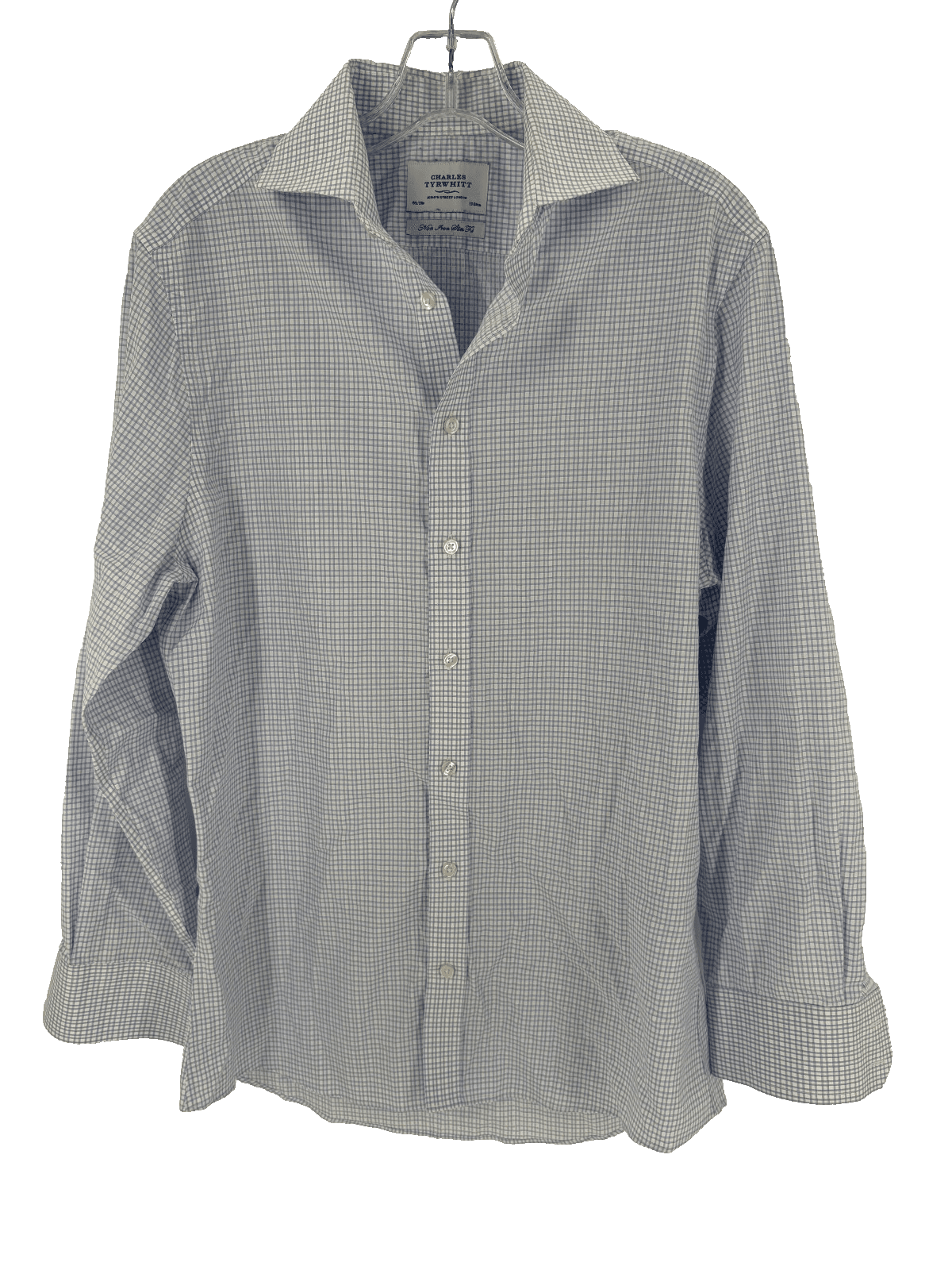 Charles Tyrwhitt Non Iron Shirt Slim Fit Light Blue Check 15.5 33 Men’s Cotton