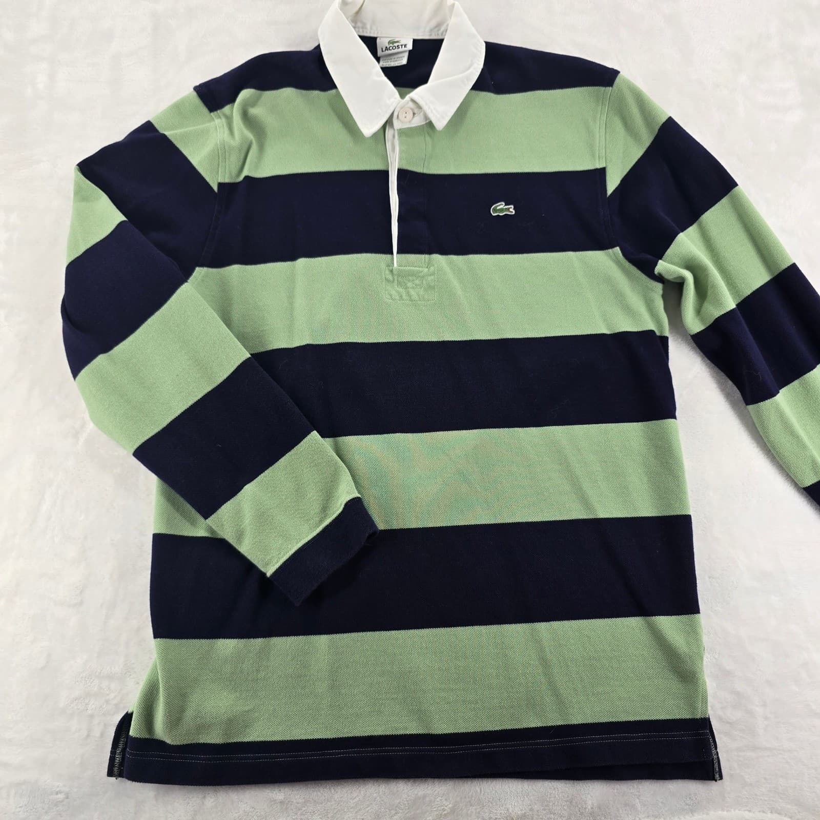 Lacoste Rugby Shirt Mens Large Polo Green Navy Blue Striped Long Sleeve Cotton