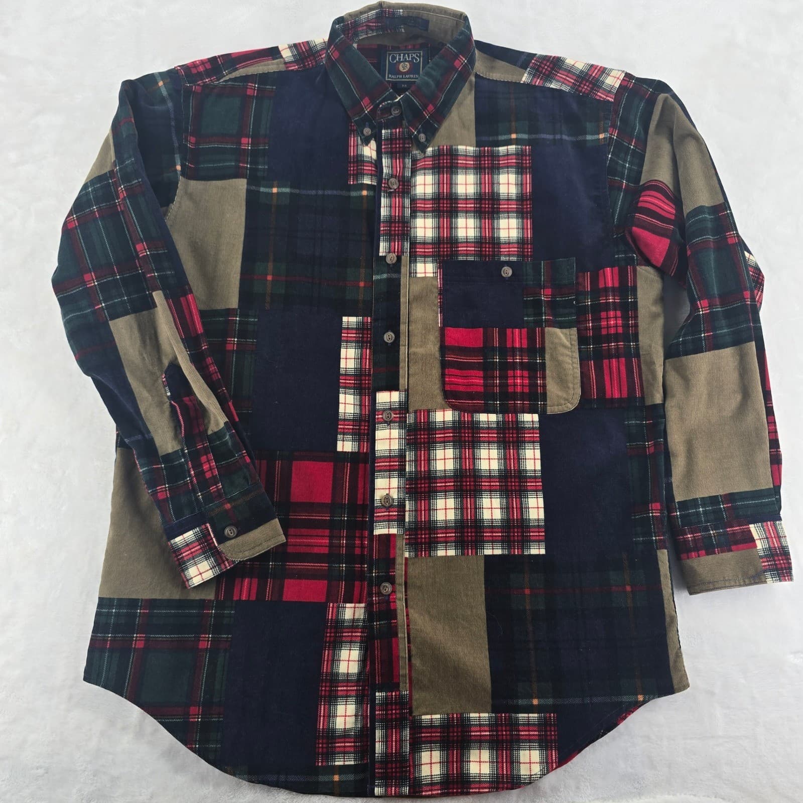 Chaps Button Down Mens M Shirt Multicolor Patchwork Plaid Corduroy