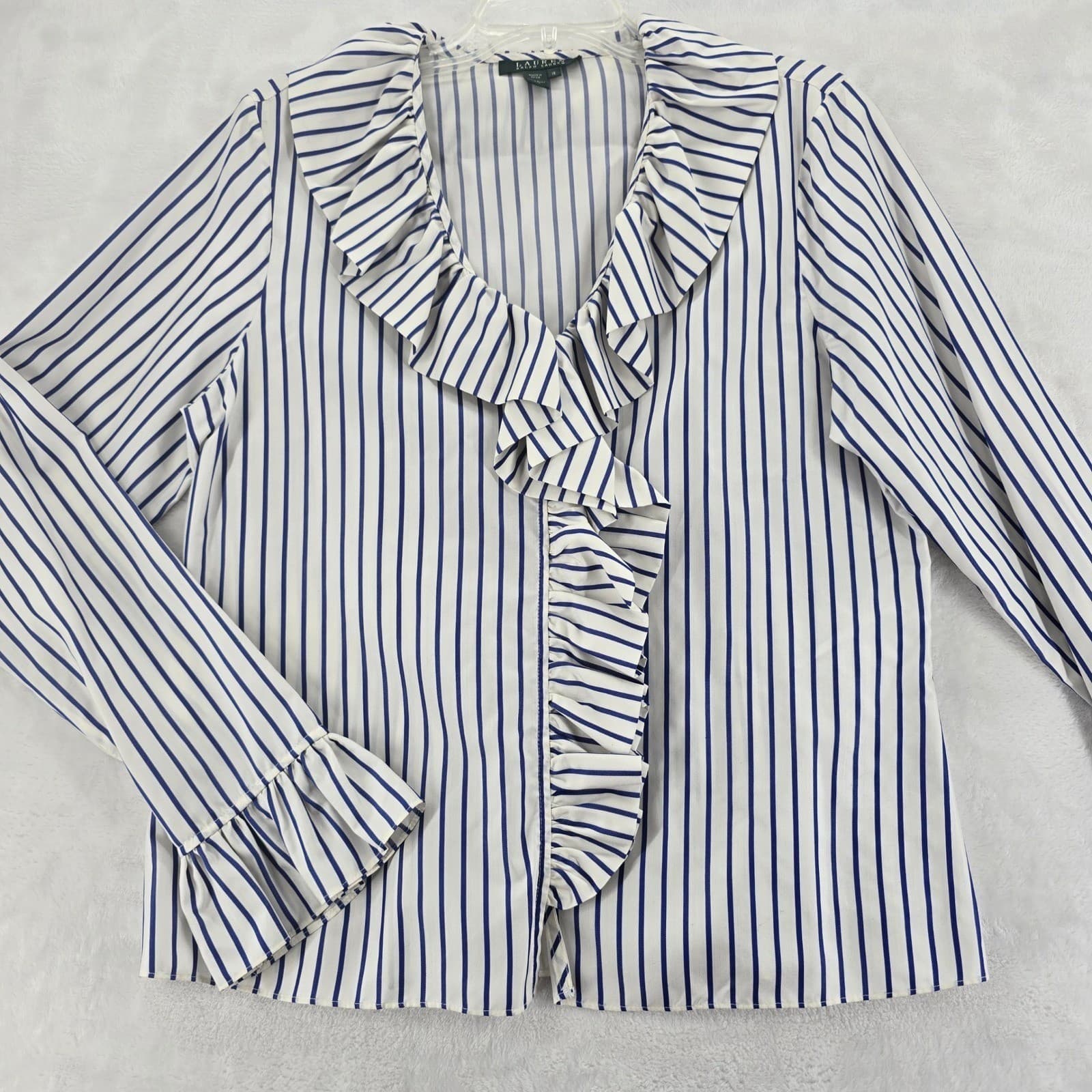 Lauren Ralph Lauren Blouse Womens 12 Blouse Blue Striped Silk Ruffle Trim V-Neck
