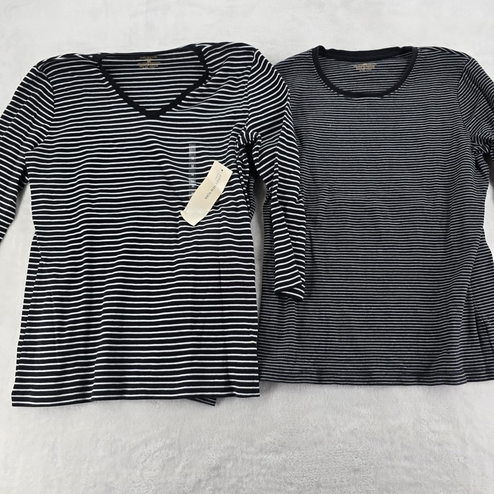 Jones New York Shirt Womens M Long Sleeve Lot 2 Black White Striped Cotton Tee