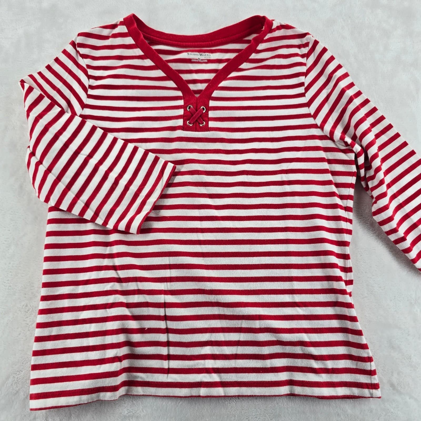 Studio Works Top Womens PL Petite Shirt Striped Lace Up V-Neck 3/4 Sleeve