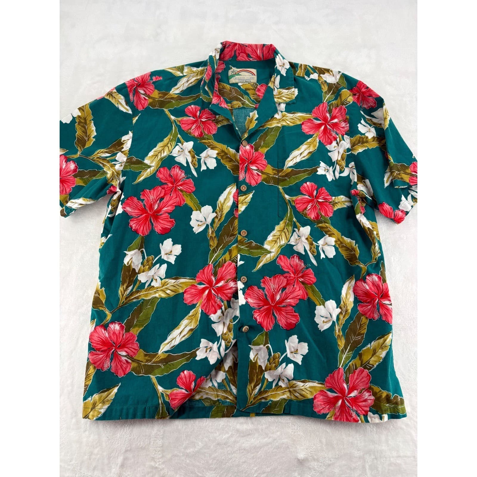 Paradise Found L.L.Bean Mens Large Hawaiian Shirt Teal Floral Cotton Aloha