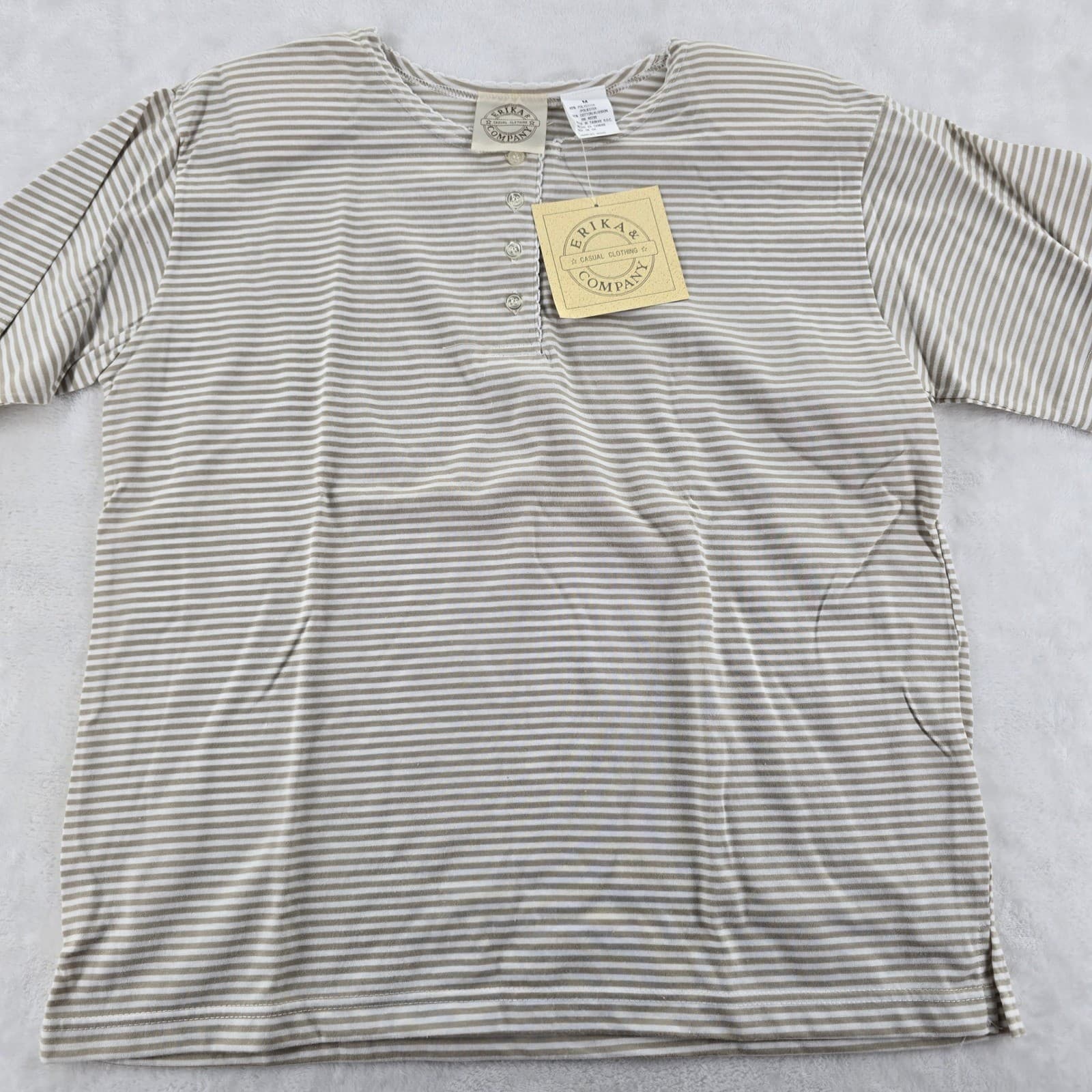 Erika & Company Top Womens M Shirt Tan White Striped Henley Short Sleeve NWT