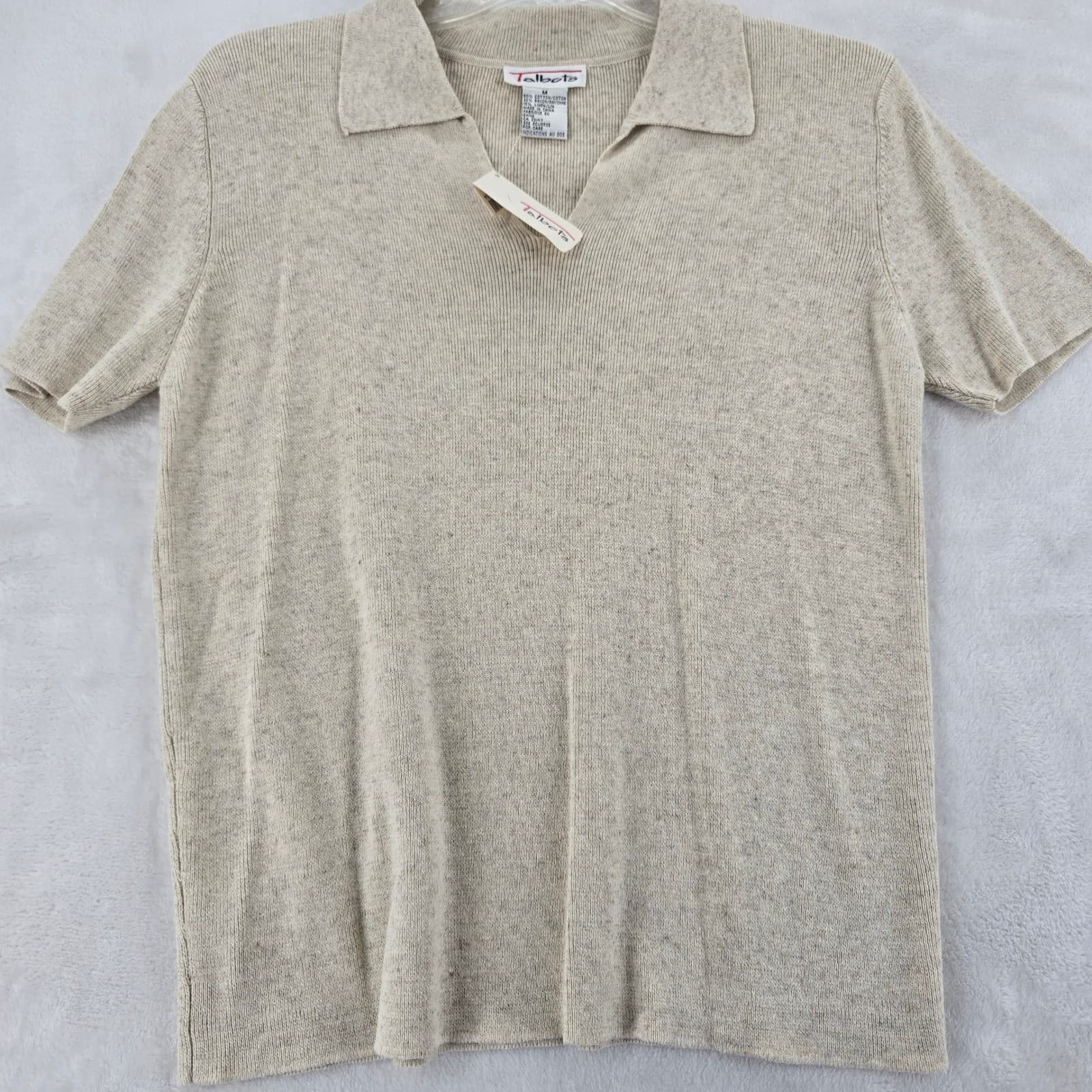 Talbots Polo Sweater Womens M Short Sleeve Beige Oatmeal Cotton Linen Knit