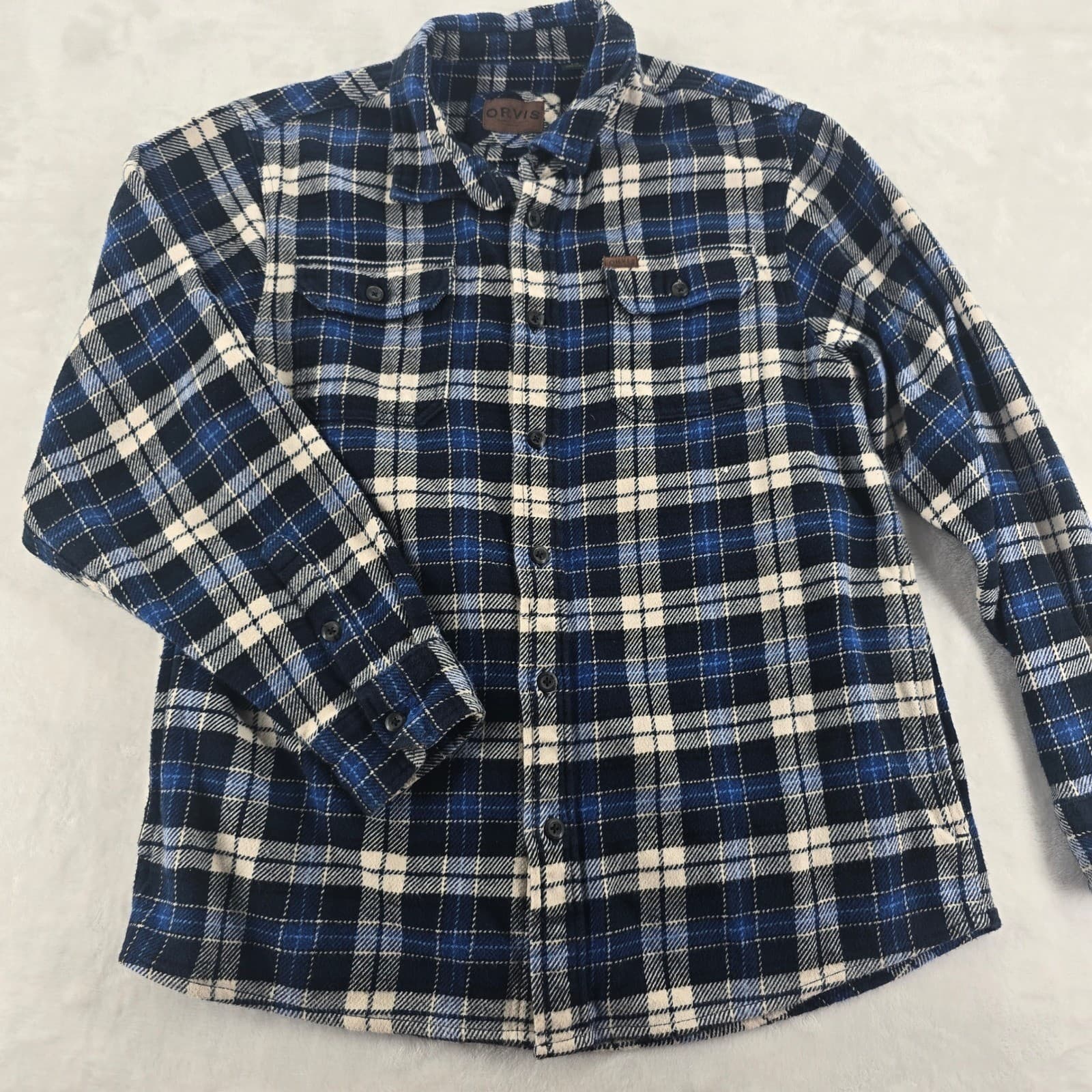 Orvis Flannel Mens L Shirt Blue Plaid Cotton Classic Collection Button Down