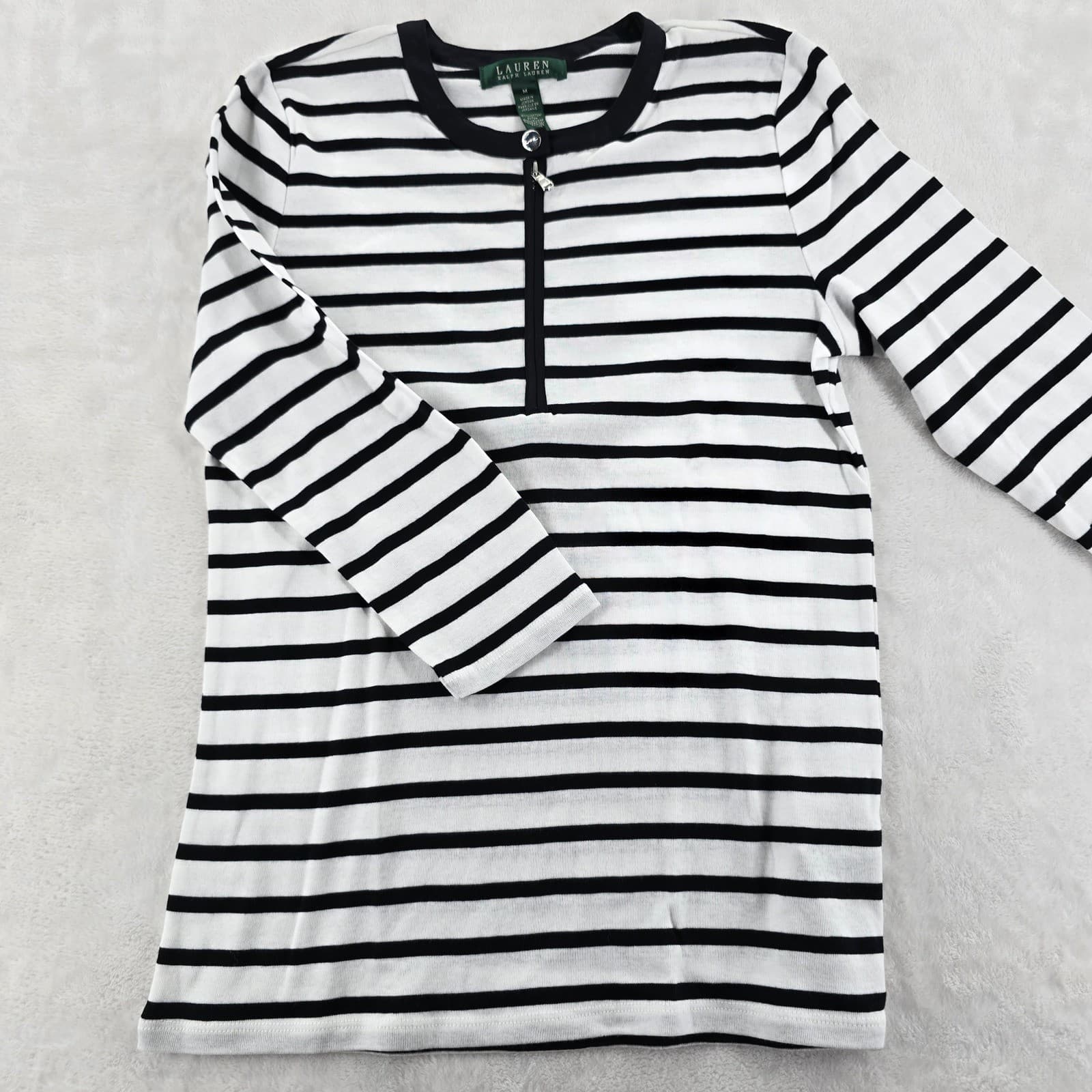 Lauren Ralph Lauren Top Womens Size M Shirt Black White Striped 3/4 Sleeve Zip