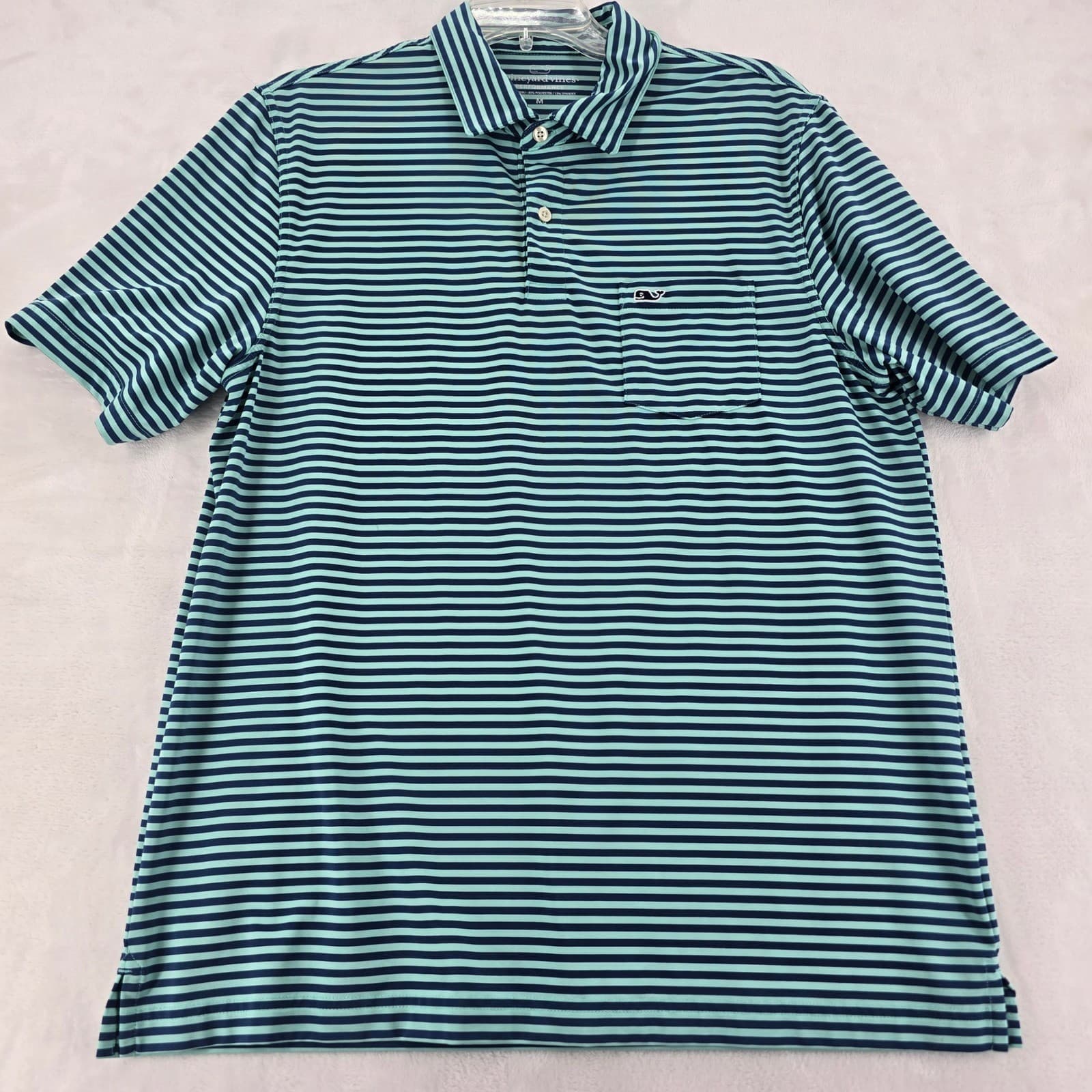 Vineyard Vines Polo Mens M Shirt Blue Green Striped Performance Pocket Short Slv