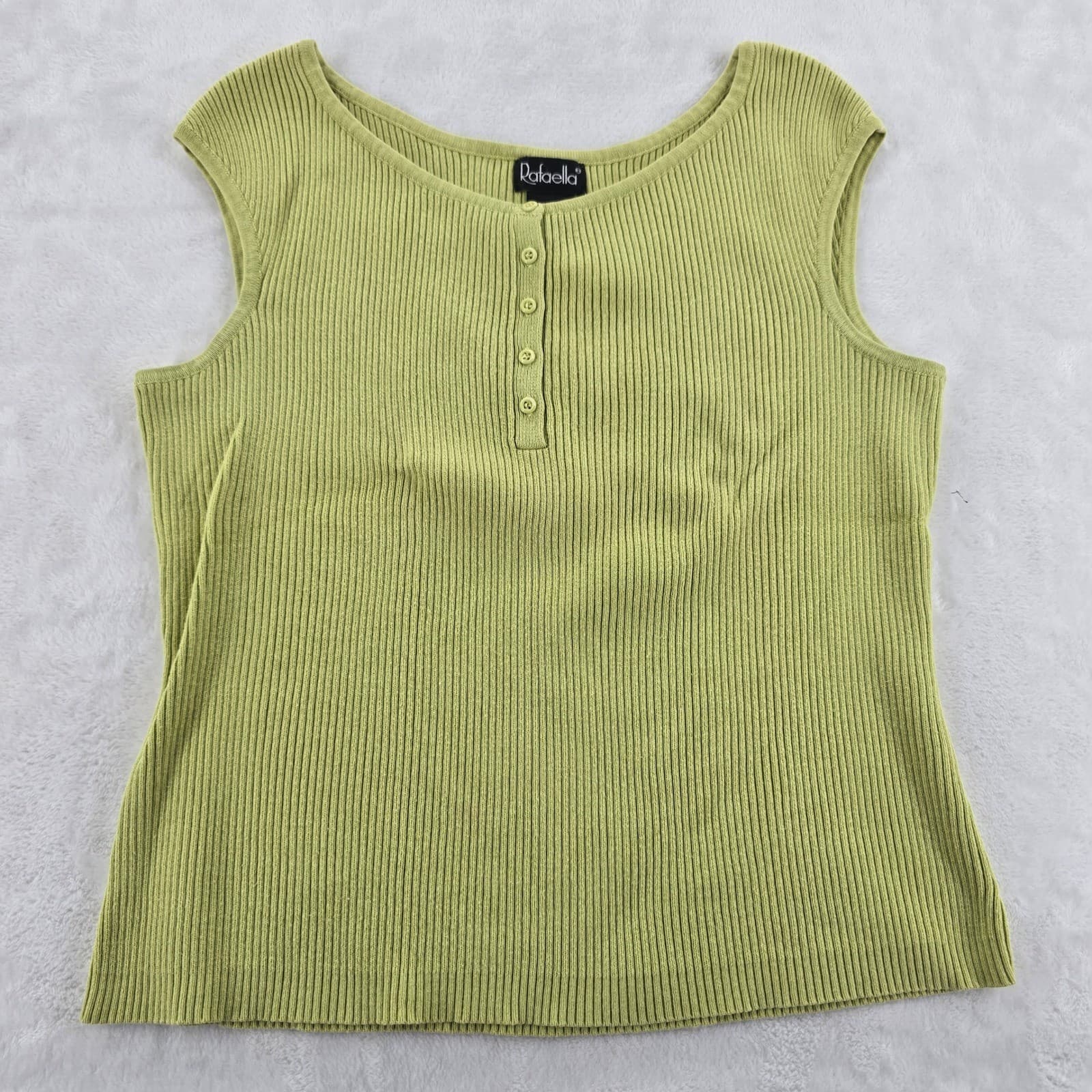 Rafaella Tank Top Womens Size M Henley Ribbed Knit Green Sleeveless Cotton Shell