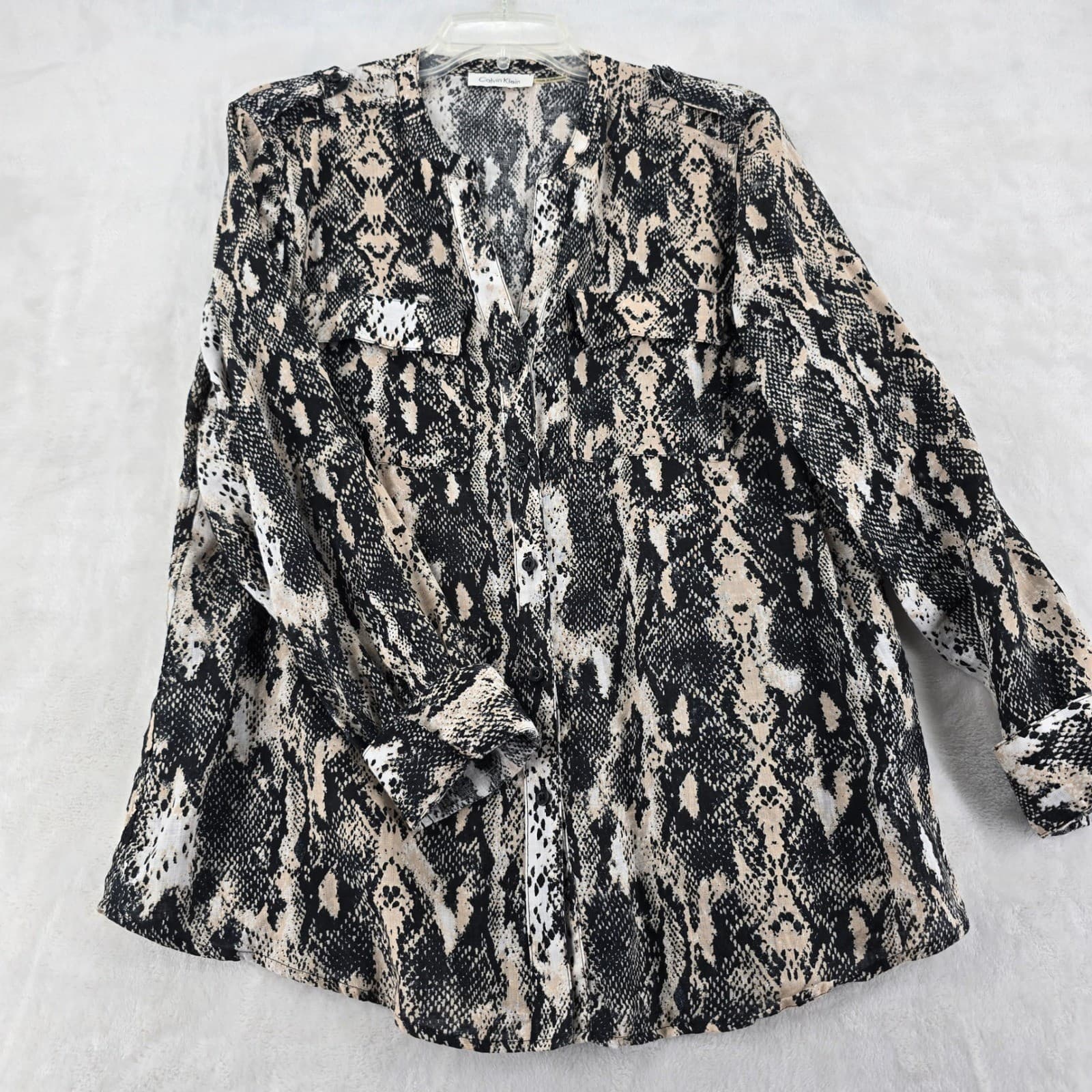 Calvin Klein Blouse Womens Large Button Up Black Tan Snakeskin Print Long Sleeve