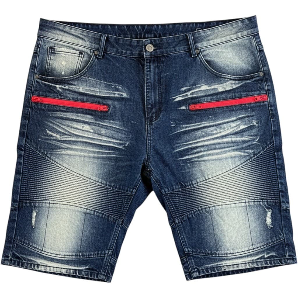 ENCRYPTED Denim Shorts Mens 42 Blue Red Zipper Distressed Moto Style 42