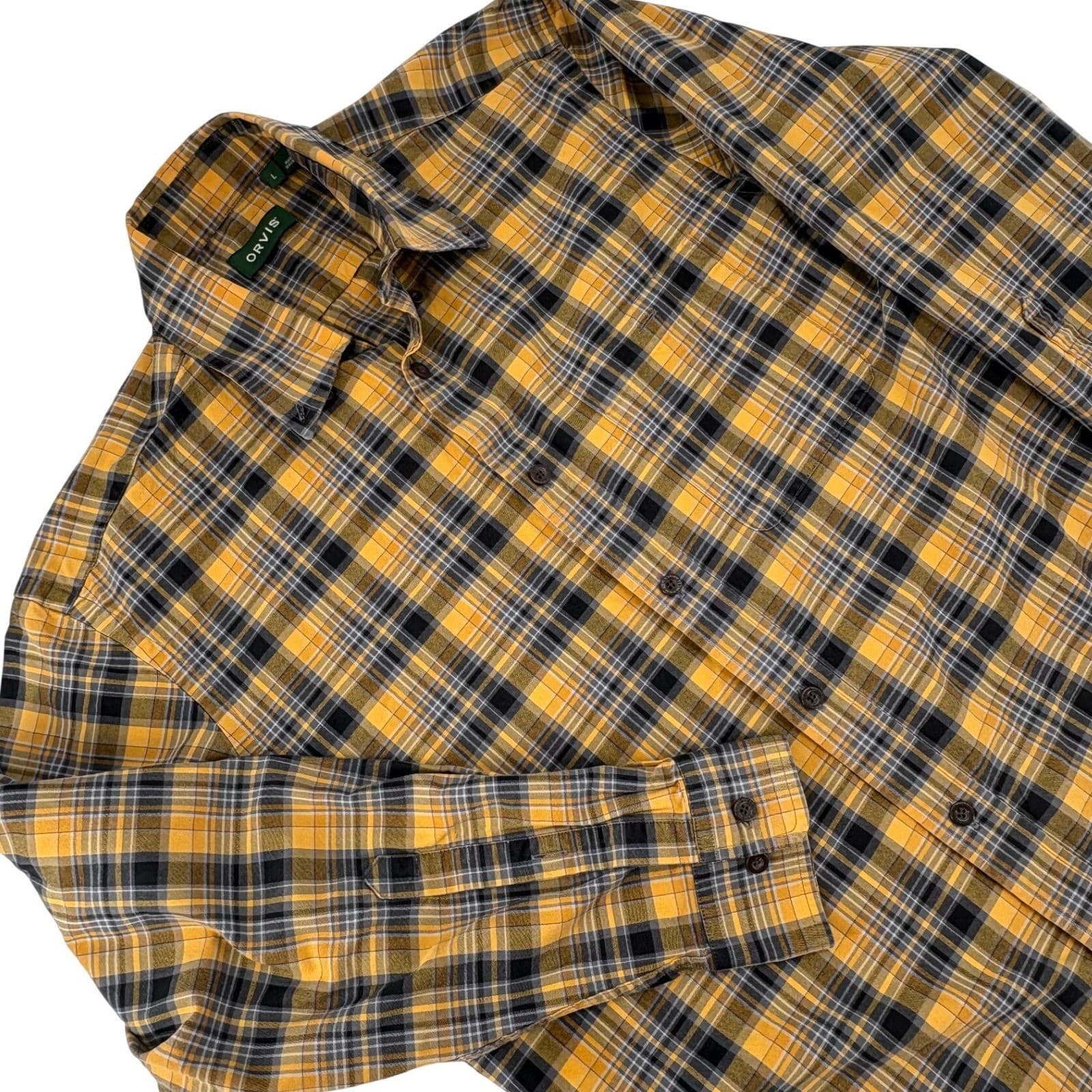 Orvis Signature Twill Mens Large Shirt Yellow Black Plaid Long Sleeve ButtonDown