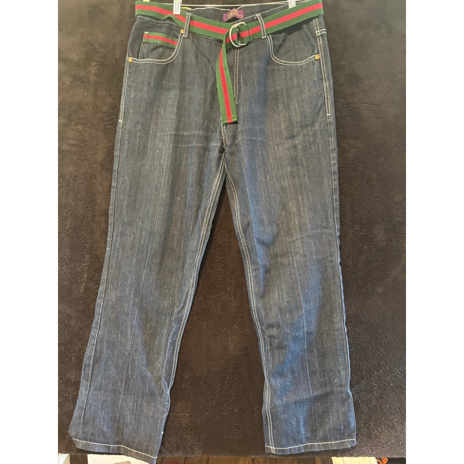 Atti Mens Denim Jeans 38x32 Embellished Pockets Red Green Belt Detailed