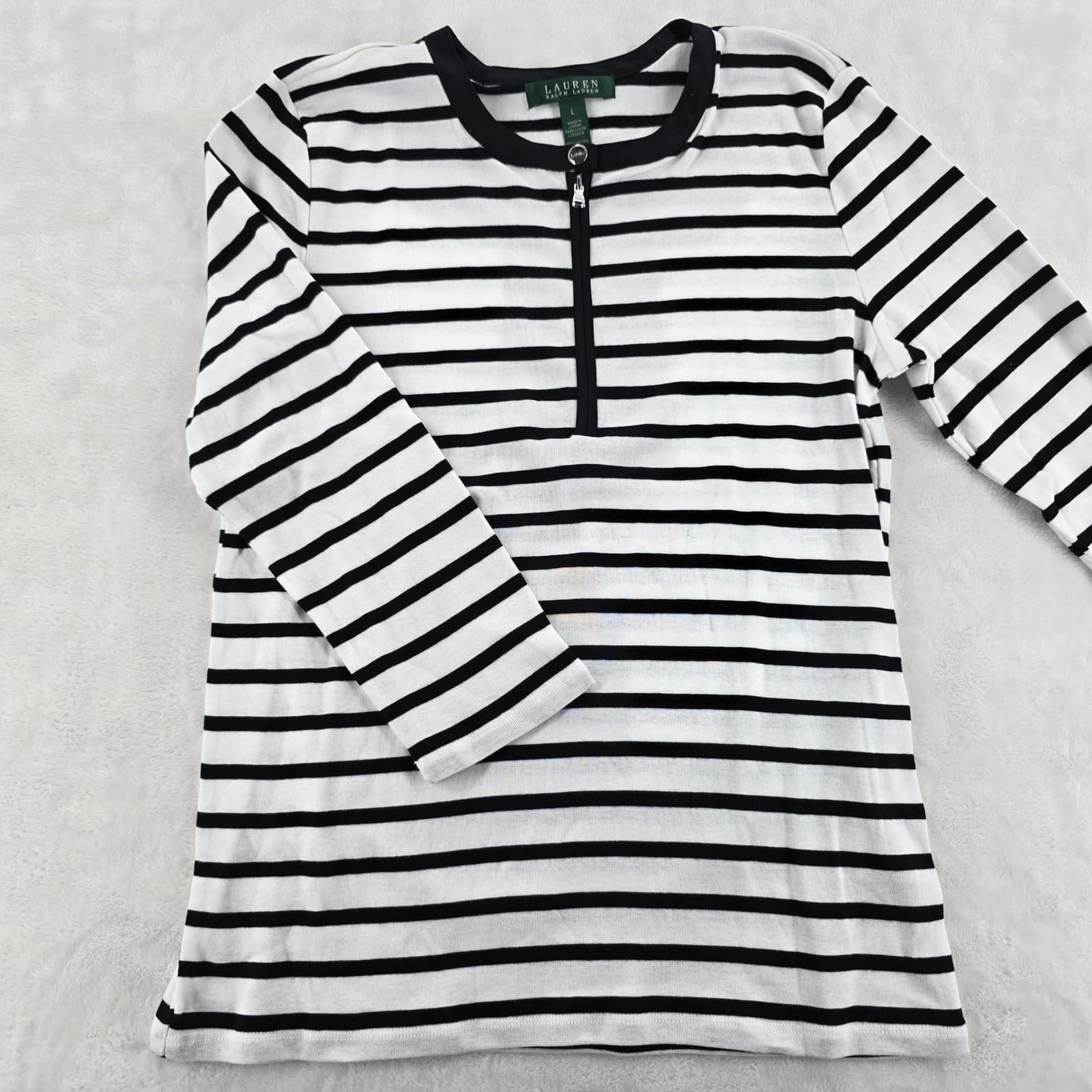 Lauren Ralph Lauren Top Womens L Shirt Black White Striped Quarter Zip