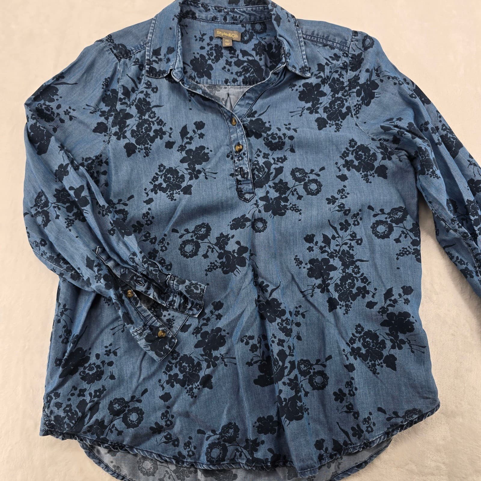 Style & Co Henley Top Womens PXL Blouse Blue Floral Lyocell Denim Look