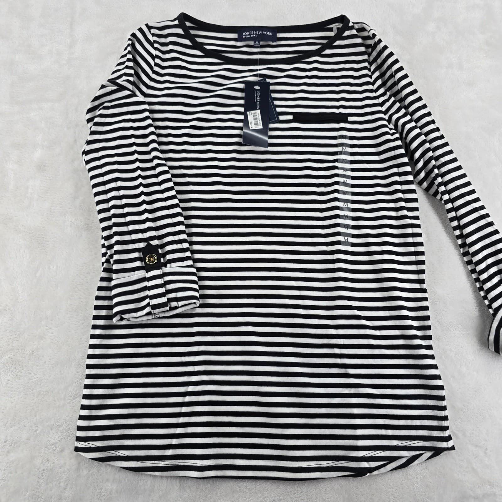 Jones New York Shirt Womens M Top Black White Striped Boat Neck 3/4 Sleeve NWT