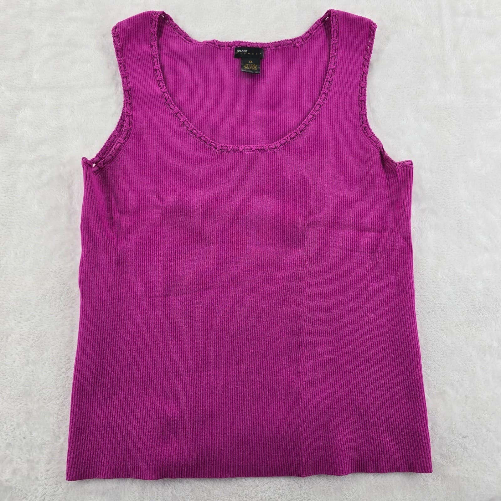 Grace Element Tank Top Womens Medium Tank Magenta Silk Blend Ribbed Crochet Trim