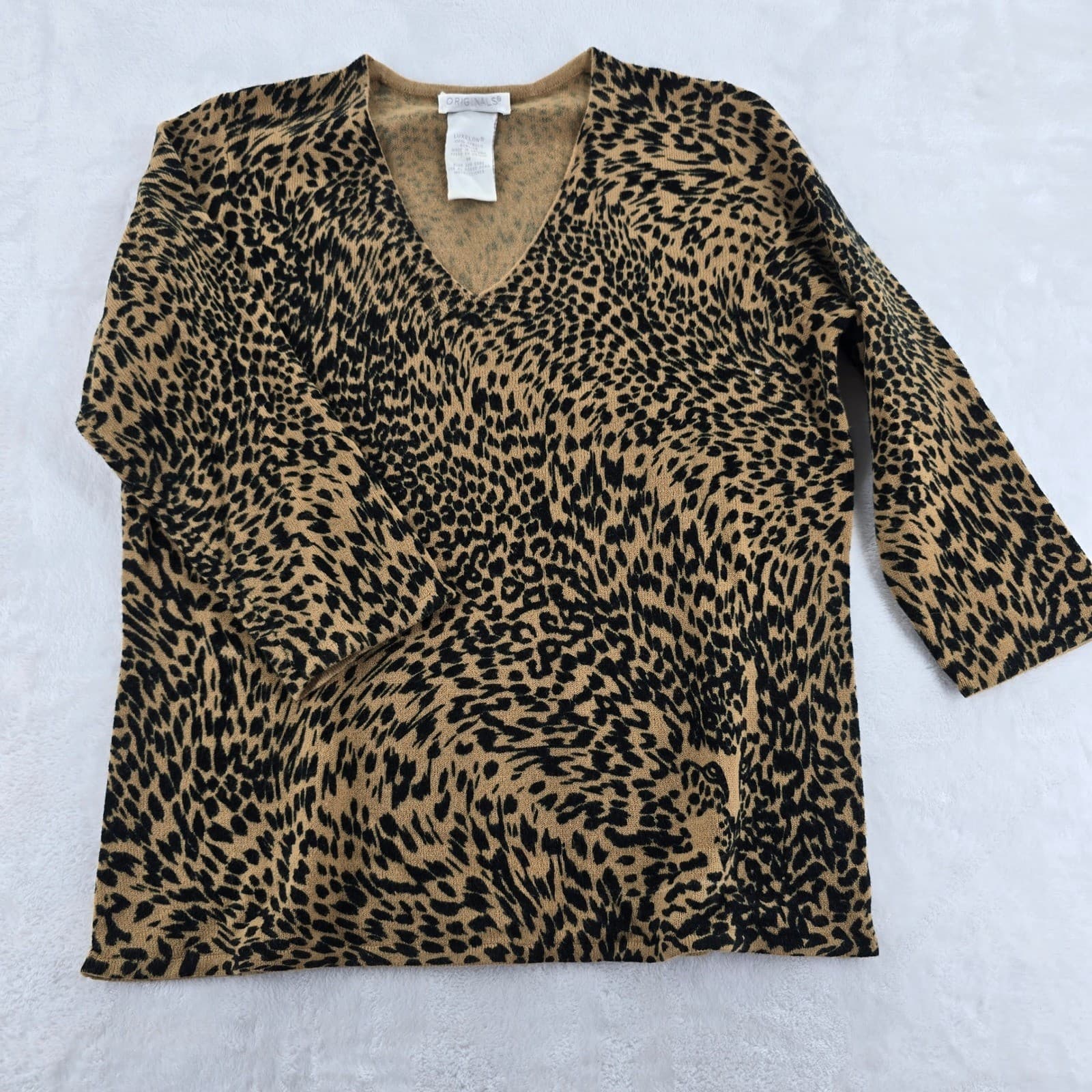 Originals V-Neck Sweater Womens M Sweater Brown Leopard Print Luxelon Acrylic