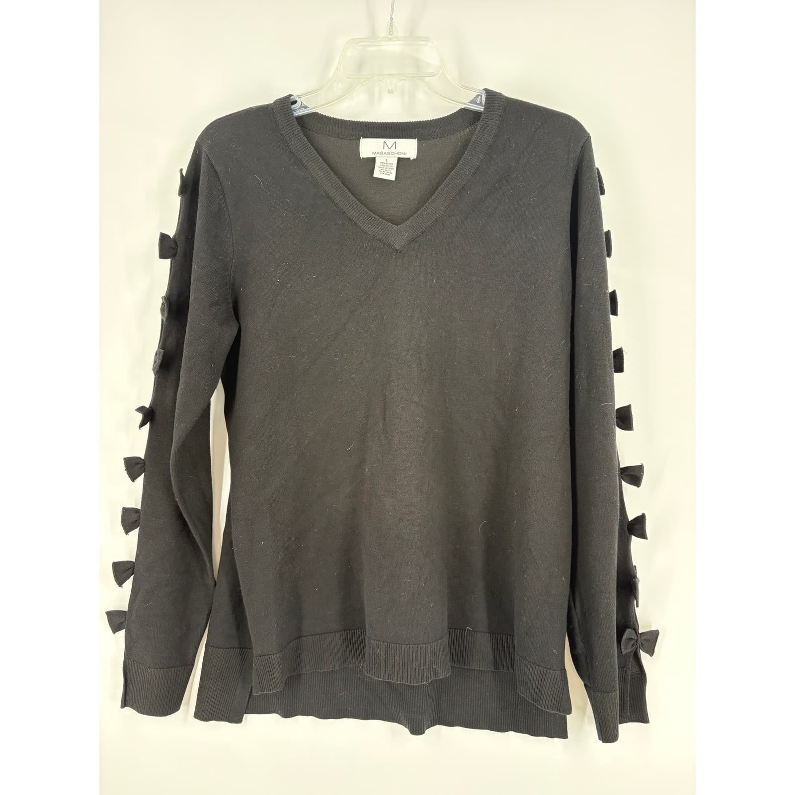 Magaschoni Black V Neck Sweater Long Sleeve Bow Detail Womens Size L