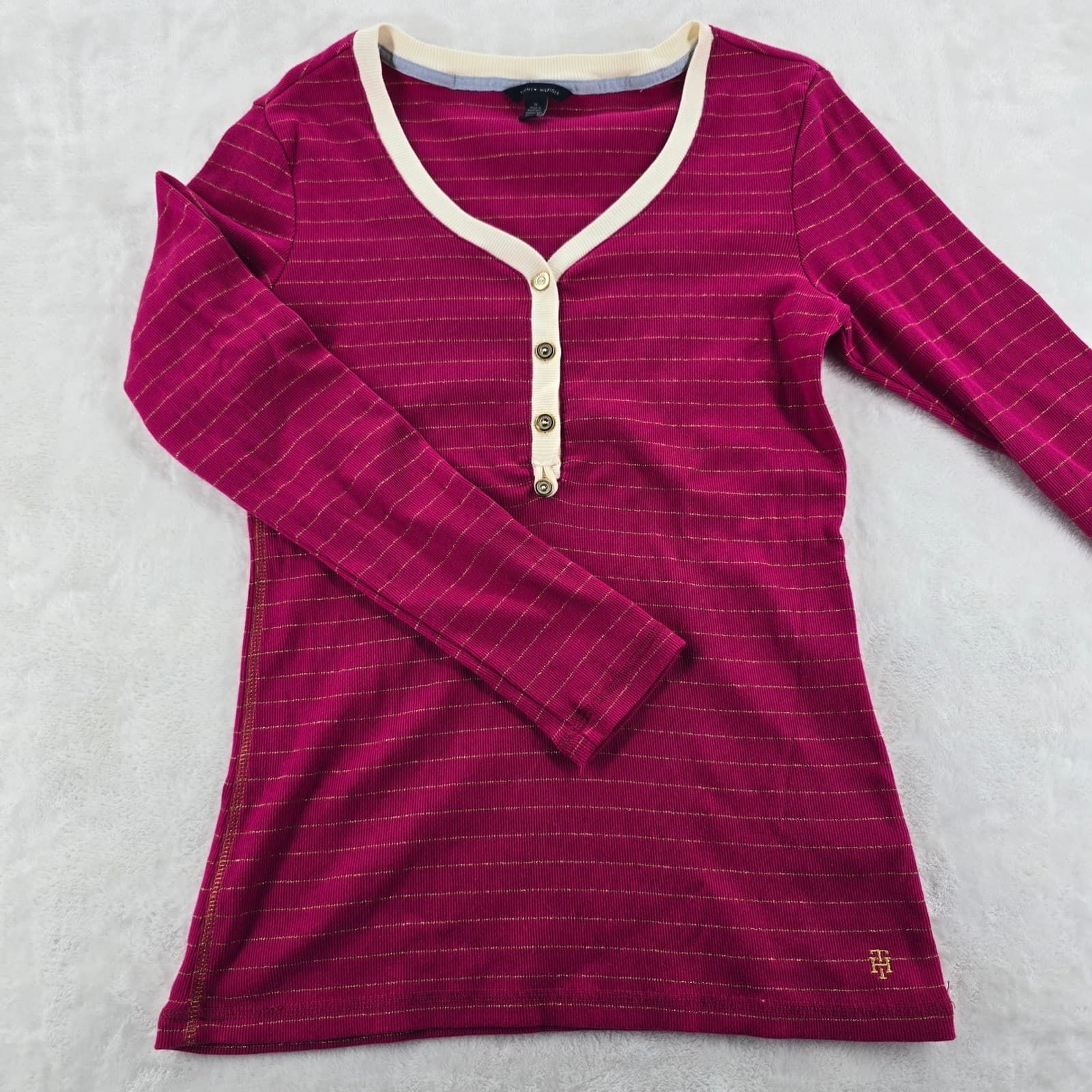 Tommy Hilfiger Henley Womens Size M Shirt Pink Gold Metallic Stripe Long Sleeve
