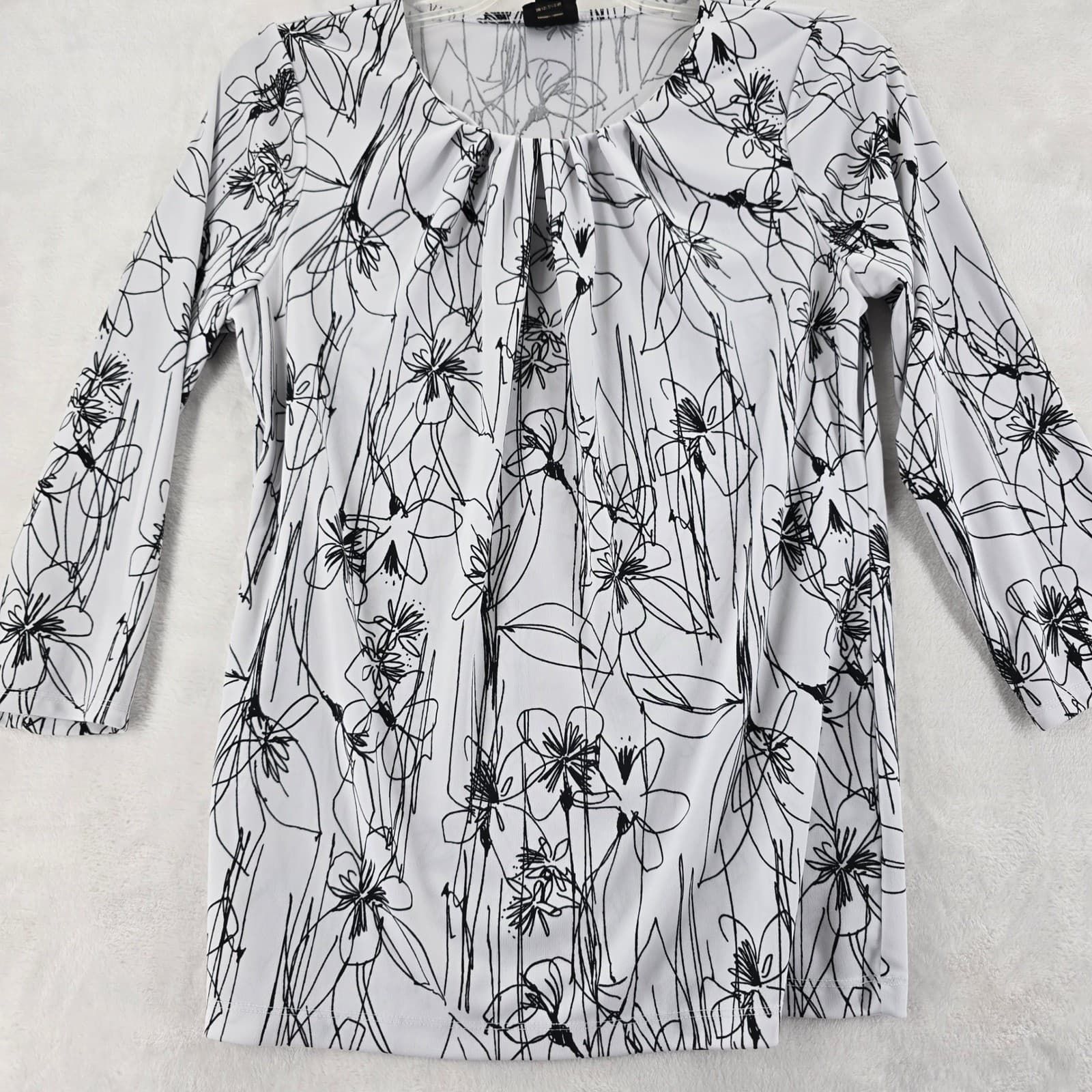 Worthington Blouse Womens S Top White Black Floral Pleated Neck 3/4 Sleeve