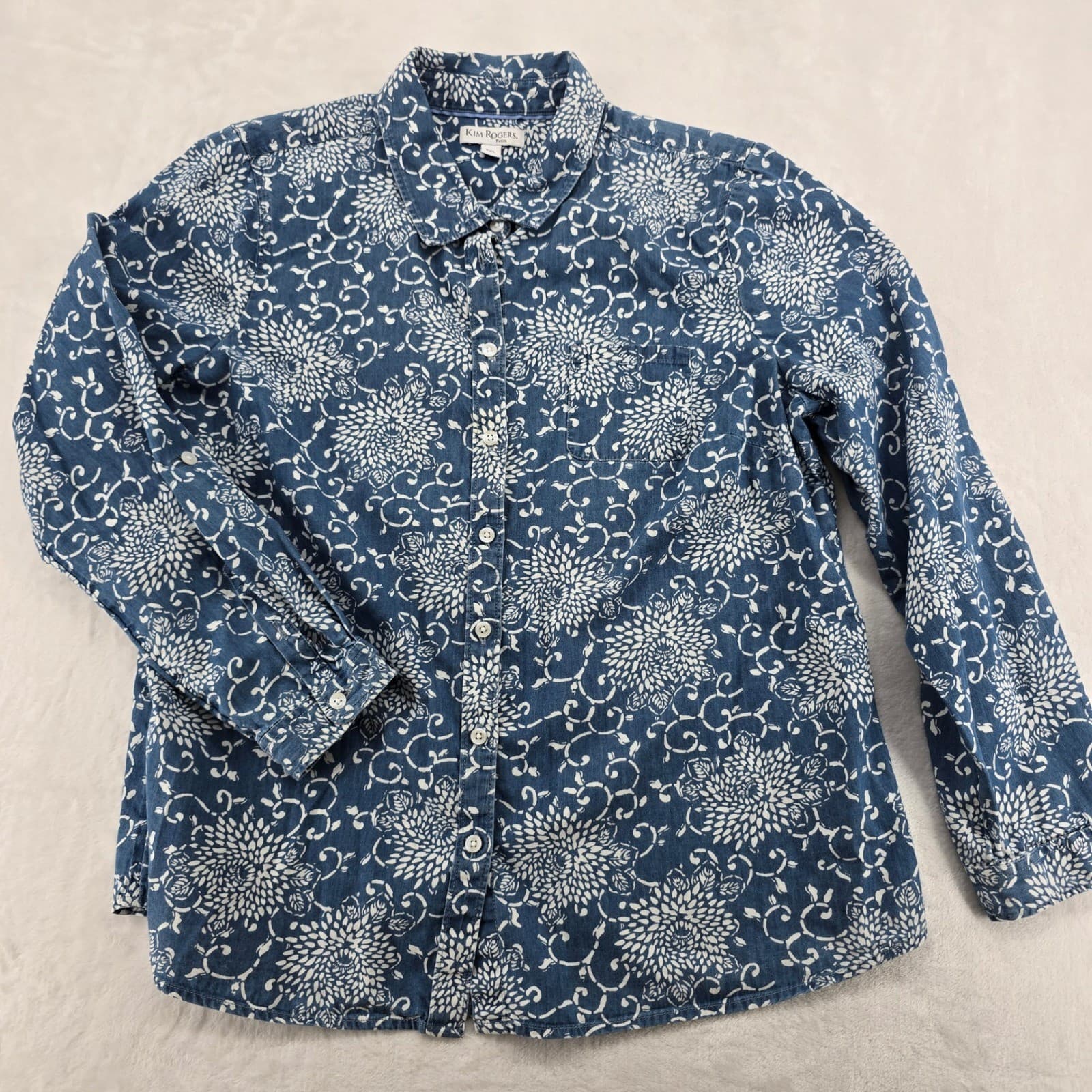 Kim Rogers Shirt Womens PXL Button Up Blue White Floral Cotton Long Slv Petite