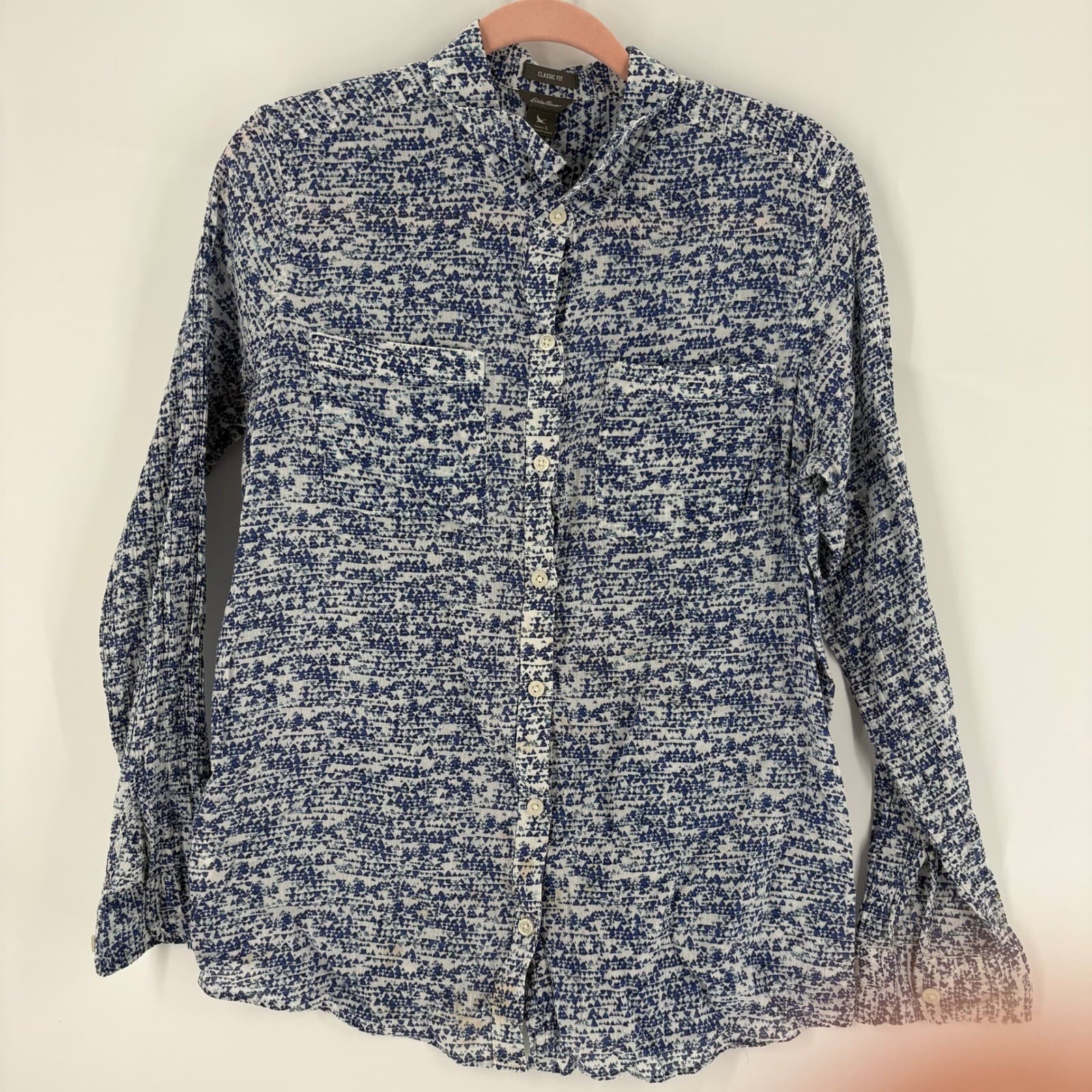 Eddie Bauer Womens Blue White Print Cotton Long Sleeve Classic Fit Shirt L