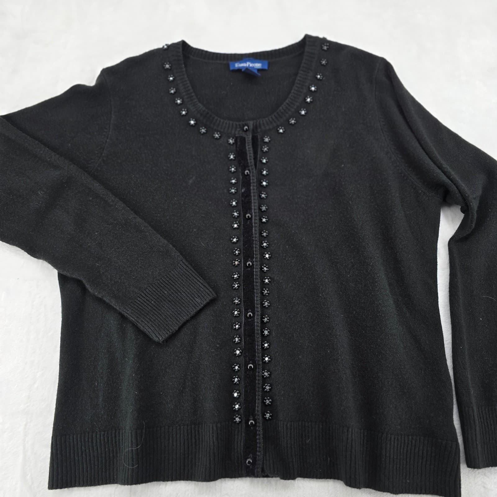 Evan-Picone Cardigan Women's 3X Sweater Black Beaded Velvet Trim Crew Neck