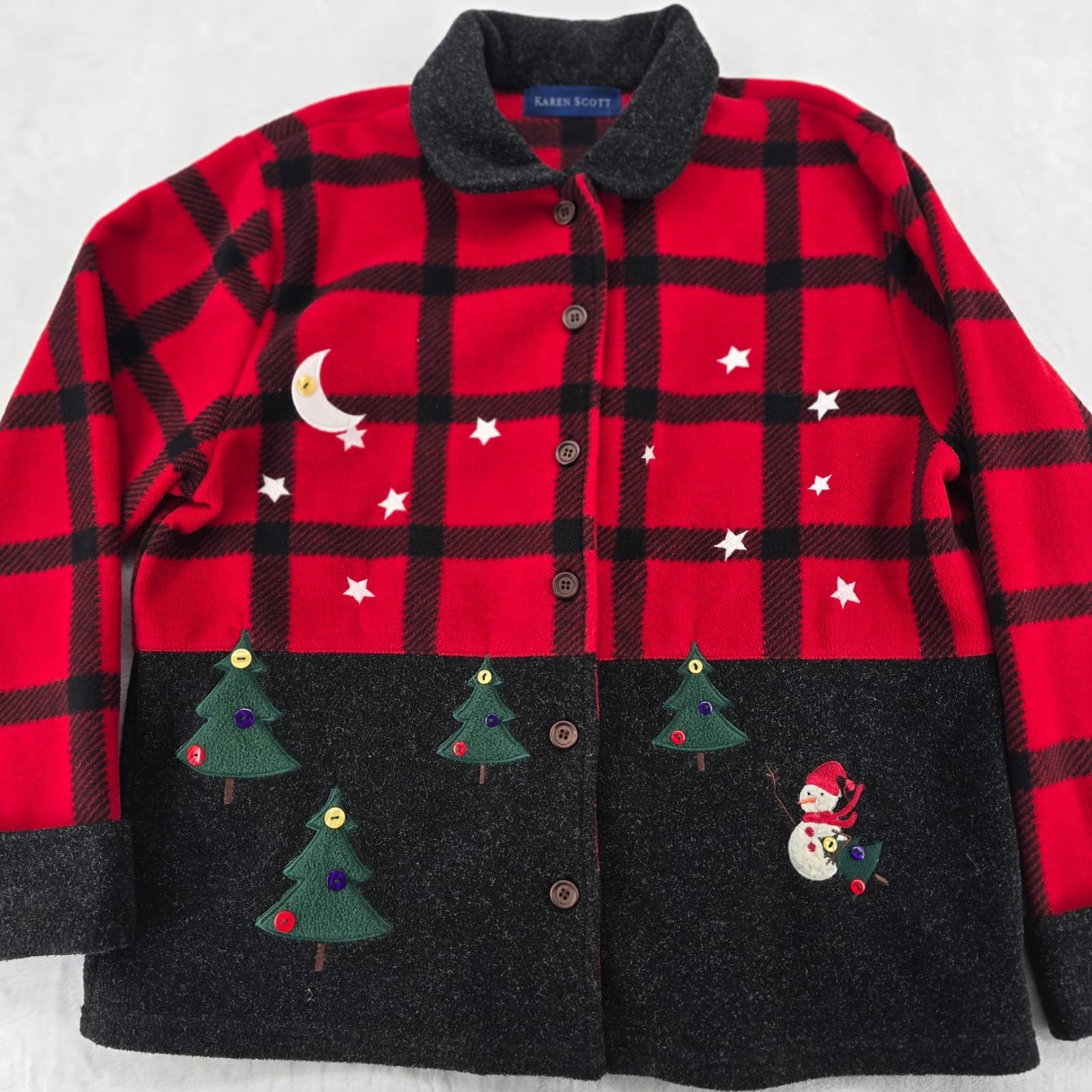Karen Scott Fleece Jacket Womens L Button Up Red Black Plaid Christmas Snowman