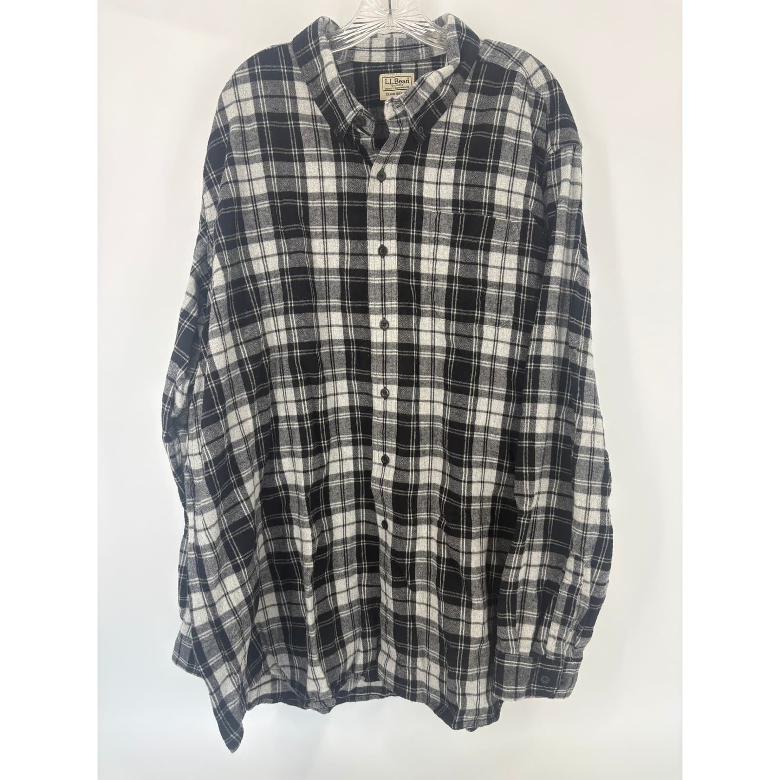LL Bean Flannel Shirt XXL Tall Black White Plaid Long Sleeve Cotton Button Mens