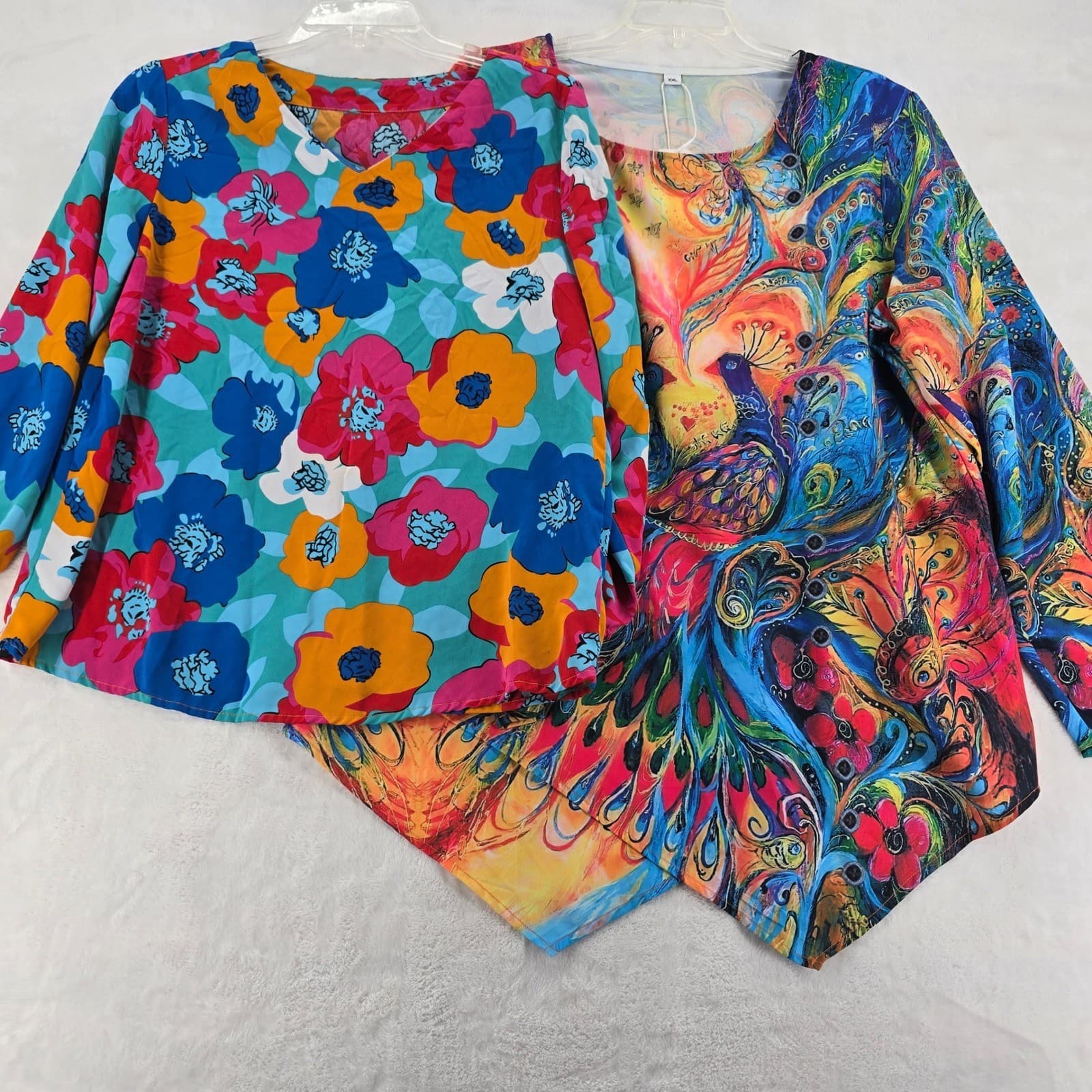 Lot 2 Unbranded Blouse Womens M Top Blue Floral Long Sleeve V-Neck Multi Bundle