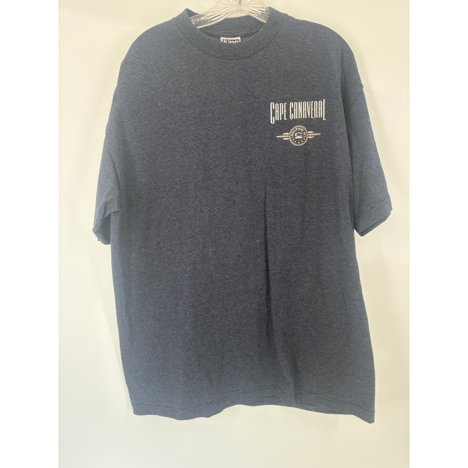 King Cotton Mens XL Blue Striped T Shirt Cape Canaveral Dolphin Logo Made USA