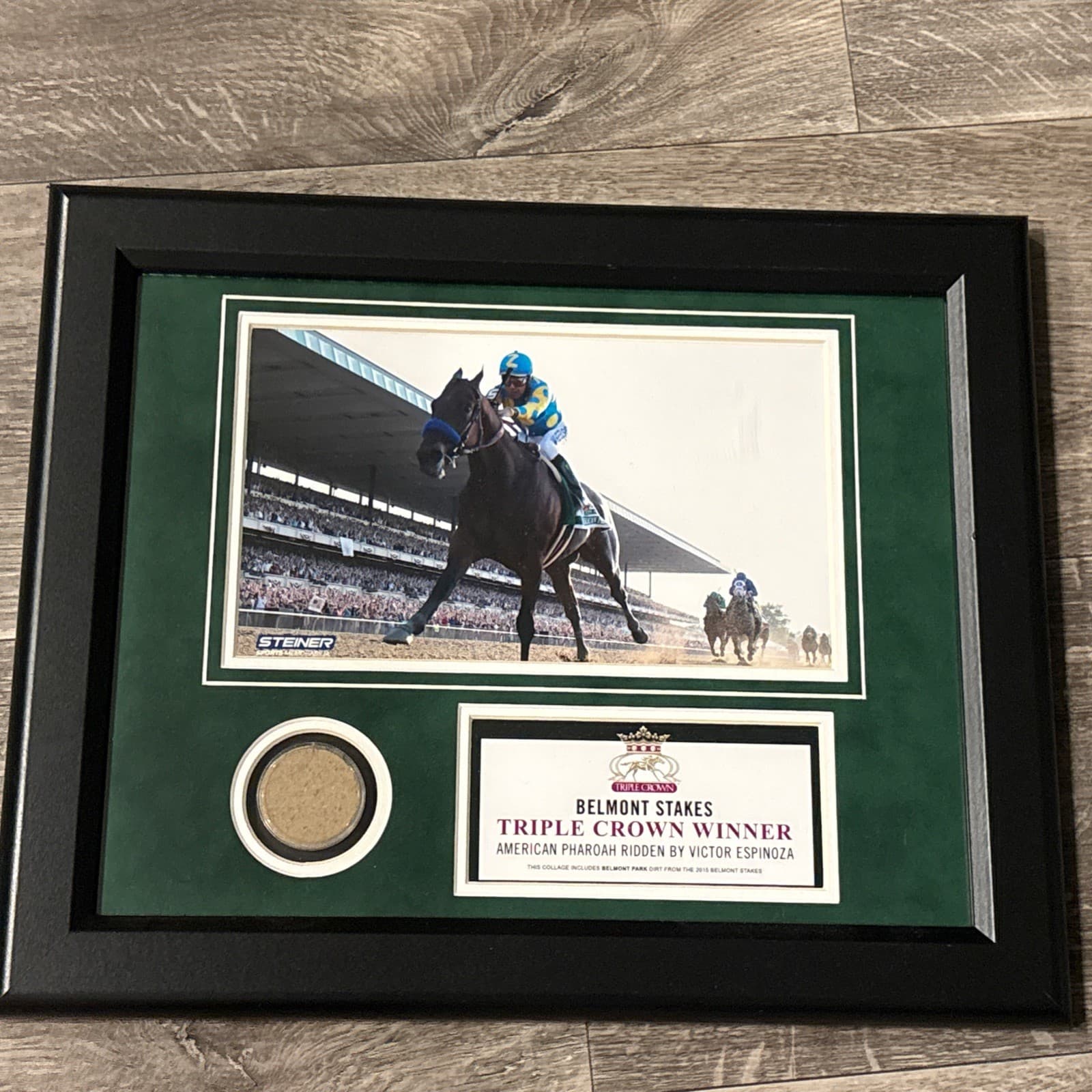 AMERICAN PHAROAH BELMONT STAKES TRIPLE CROWN PLUS DIRT FRAMED PICTURE STEINER