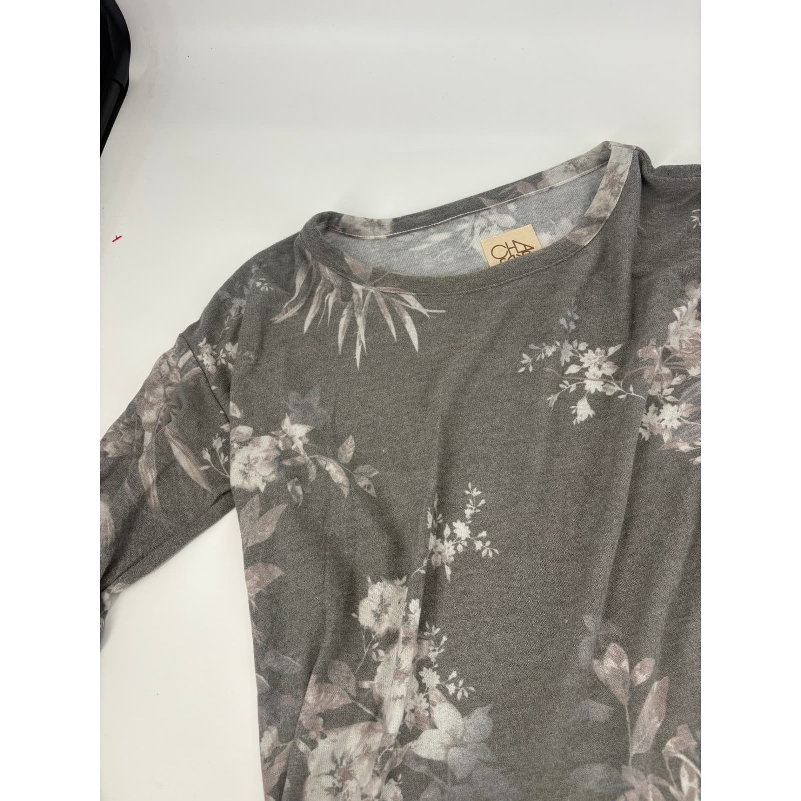 CHAS SOR Women Floral Print Long Sleeve Crew Neck Gray Sweatshirt Top Size M