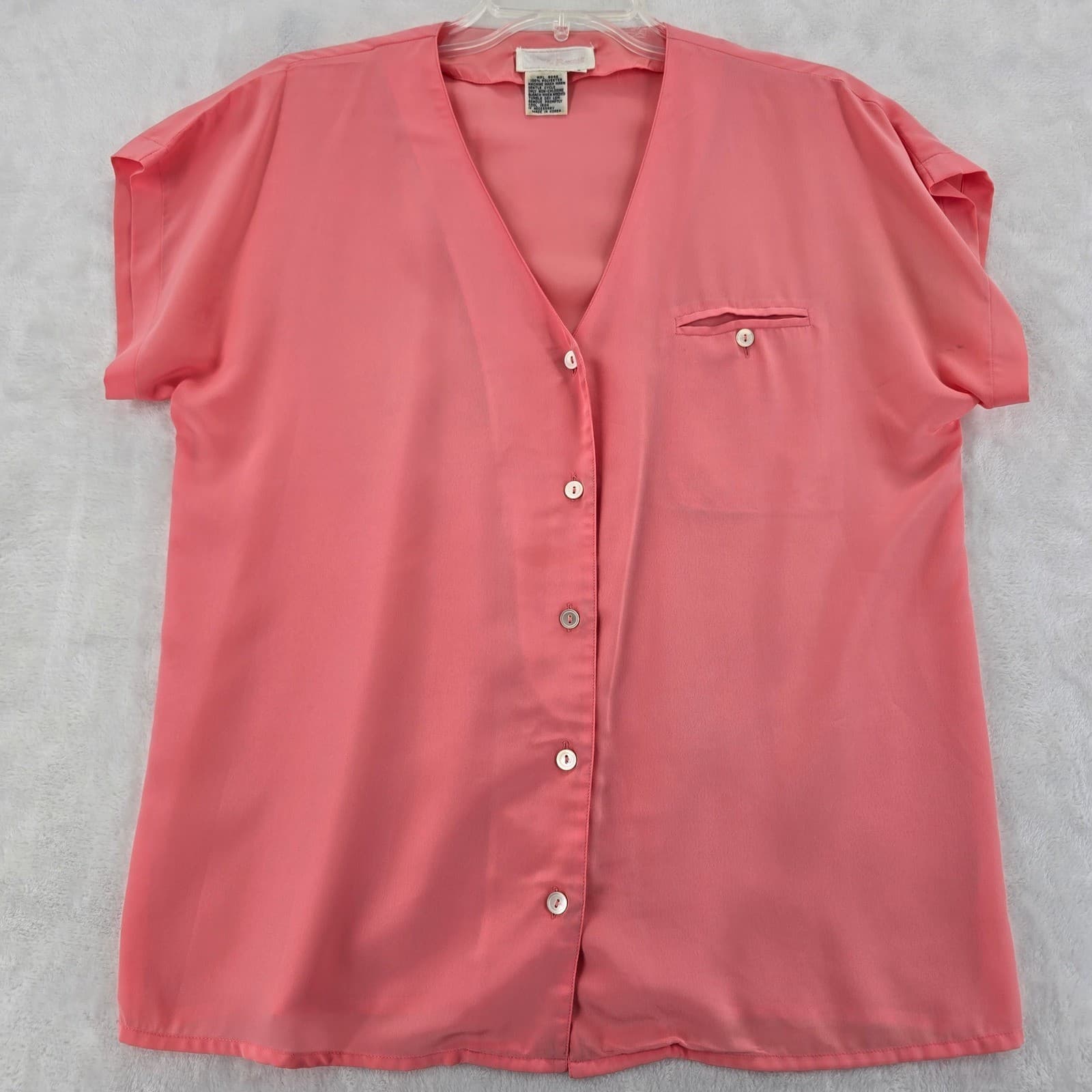 Claude Bennett Blouse Womens Size 10 Top Pink Short Sleeve V-Neck Button Front