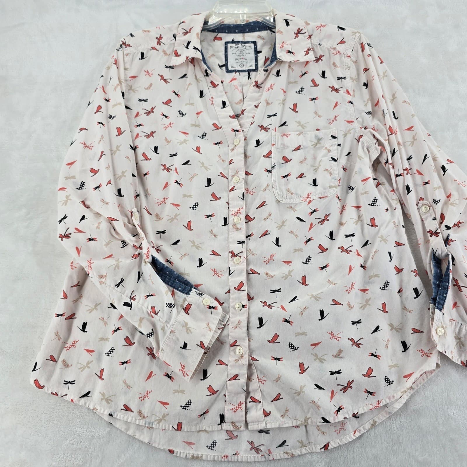 Style & Co Button Down Womens L Shirt White Dragonfly Print Long Sleeve Cotton