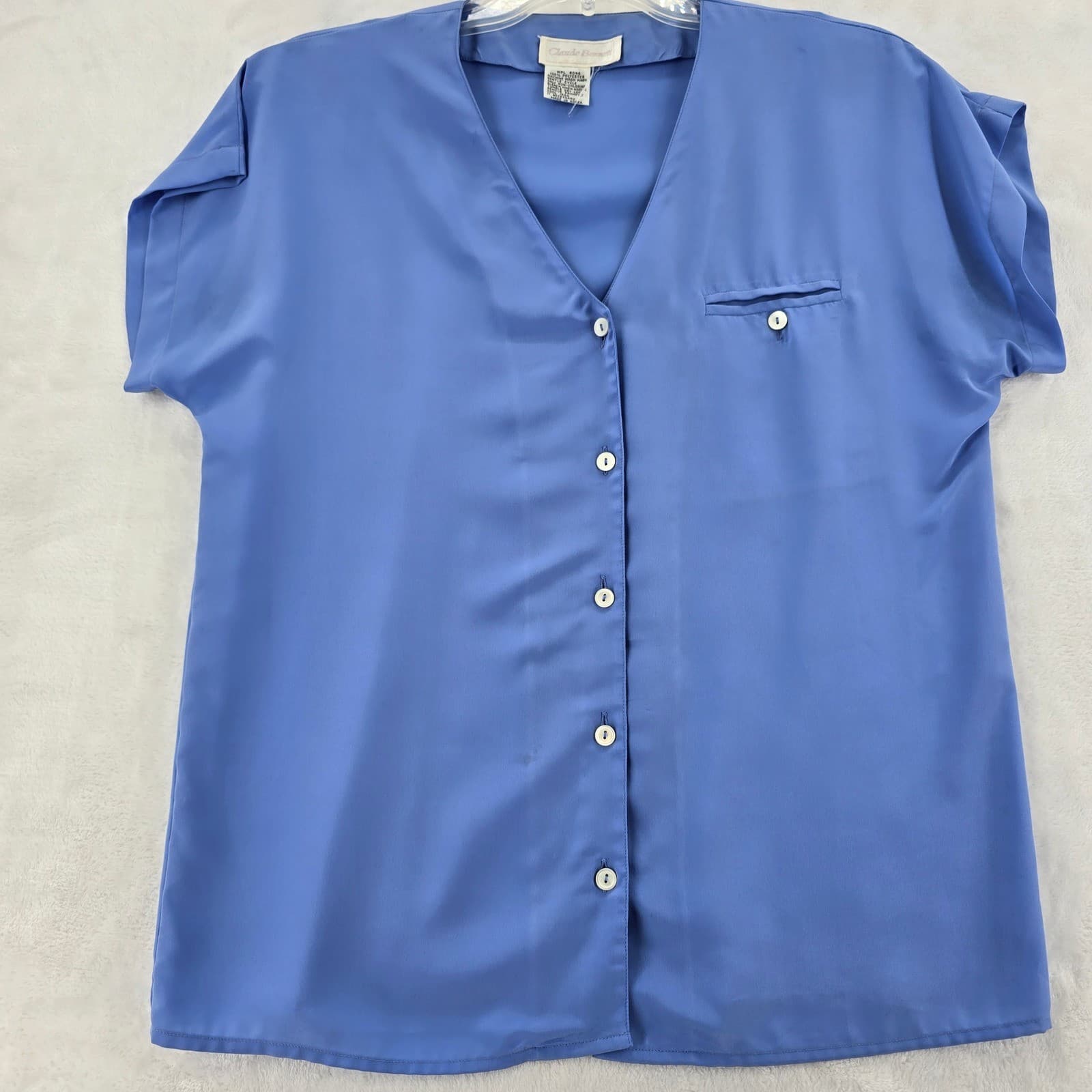 Claude Bennett Blouse Womens M Blue Button Up Short Sleeve V-Neck Vintage