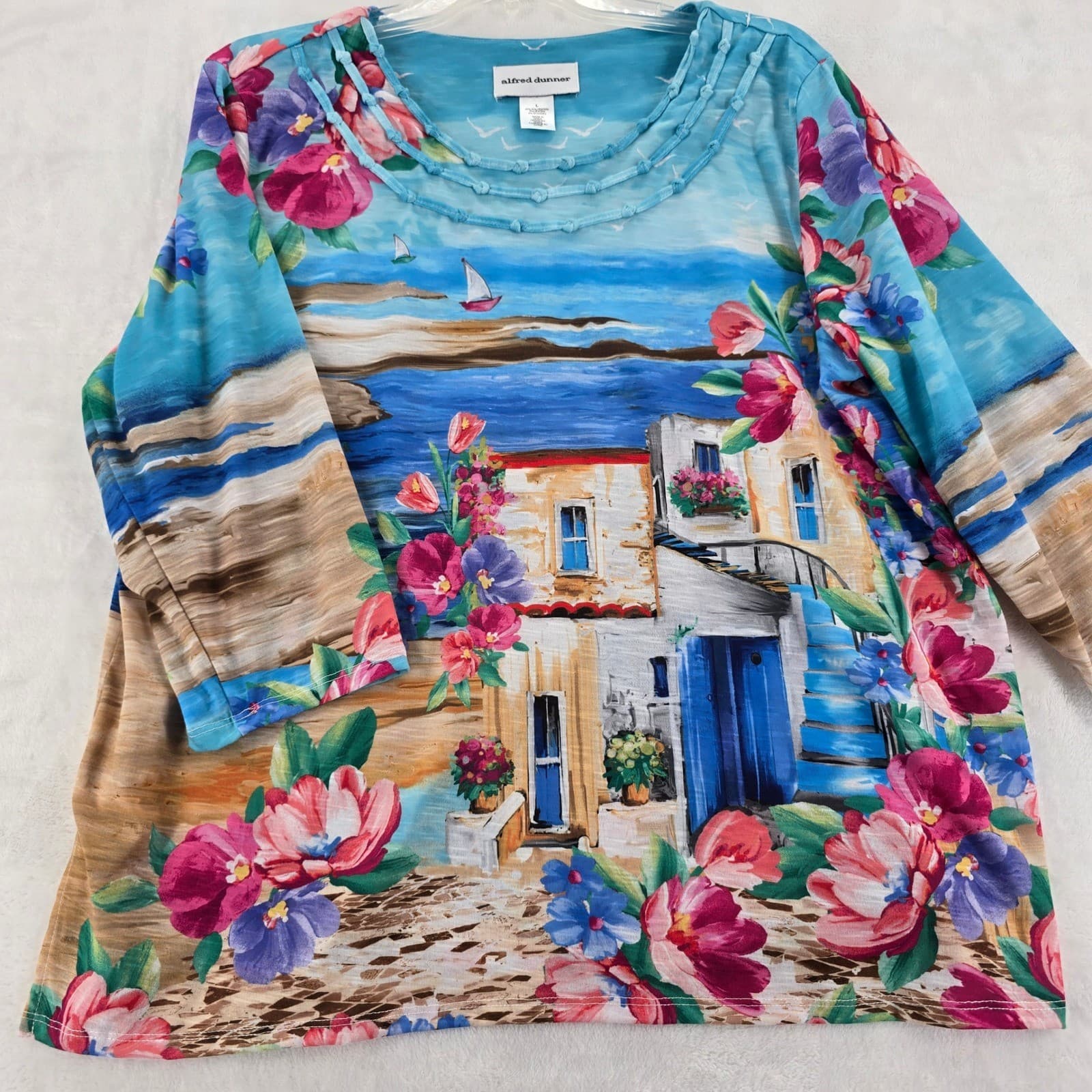 Alfred Dunner Top Womens Large Shirt Blue Floral Scenic Mediterranean 3/4 Sleeve