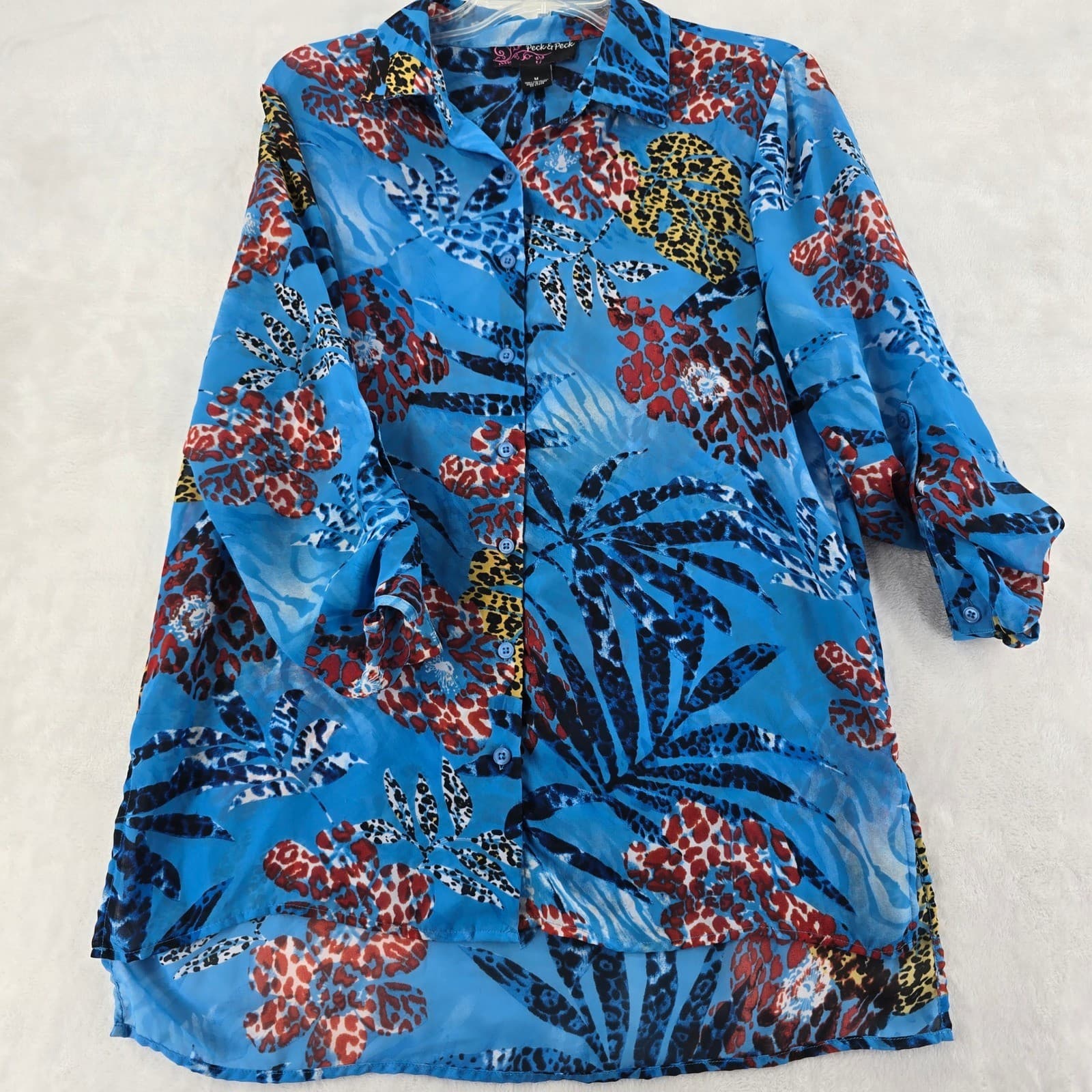Peck & Peck Blouse Womens Size M Button Up Blue Tropical Animal Print Sheer