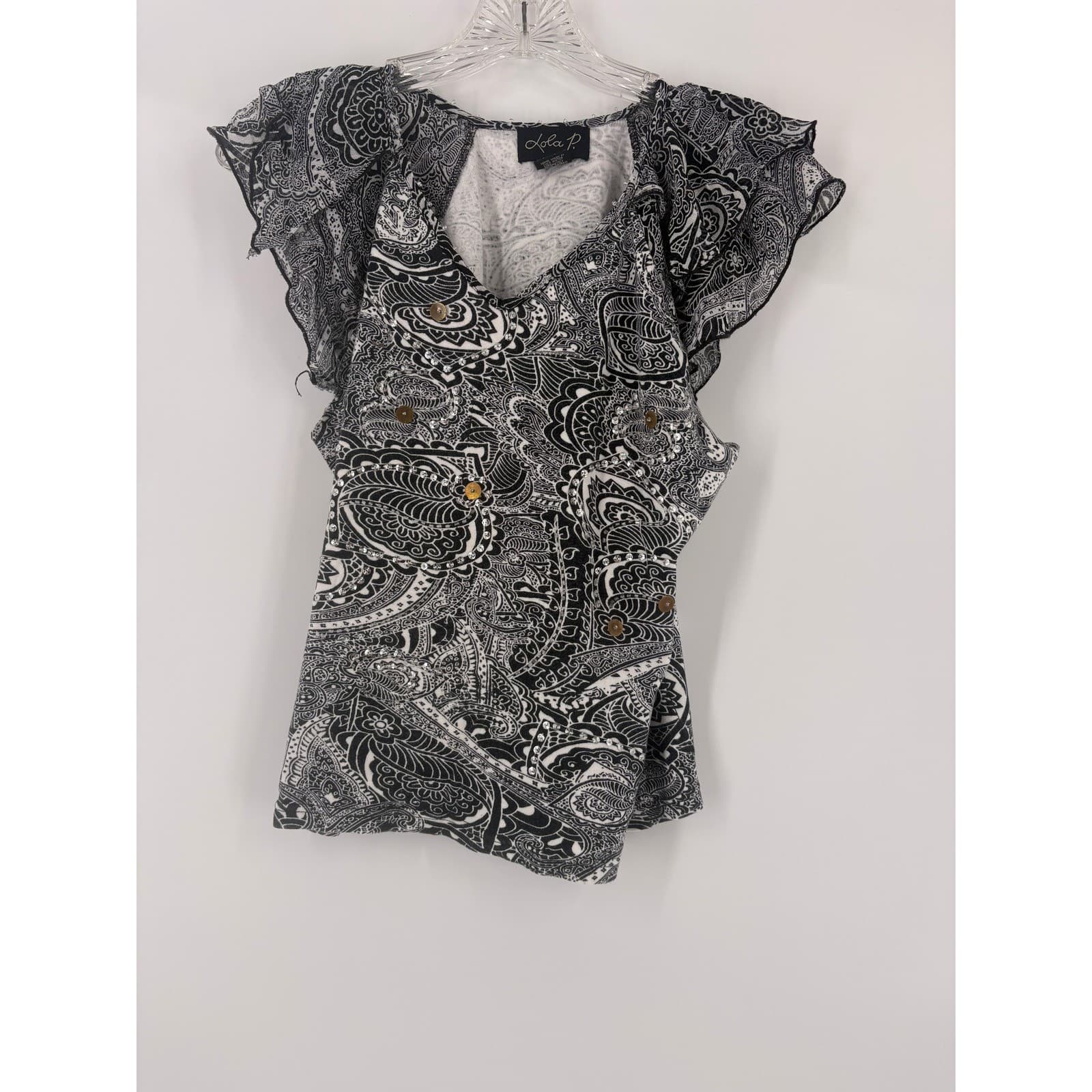 Ada Black White Paisley Flutter Sleeve V Neck Blouse Top Women's Size M