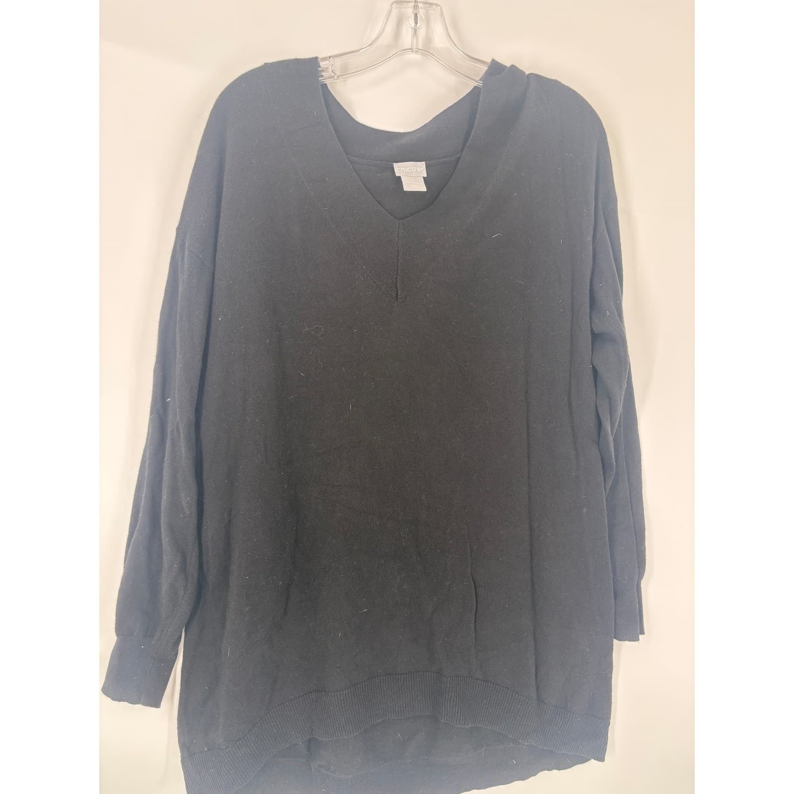 Chicos V Neck Long Sleeve Black Sweater Tunic Size 1